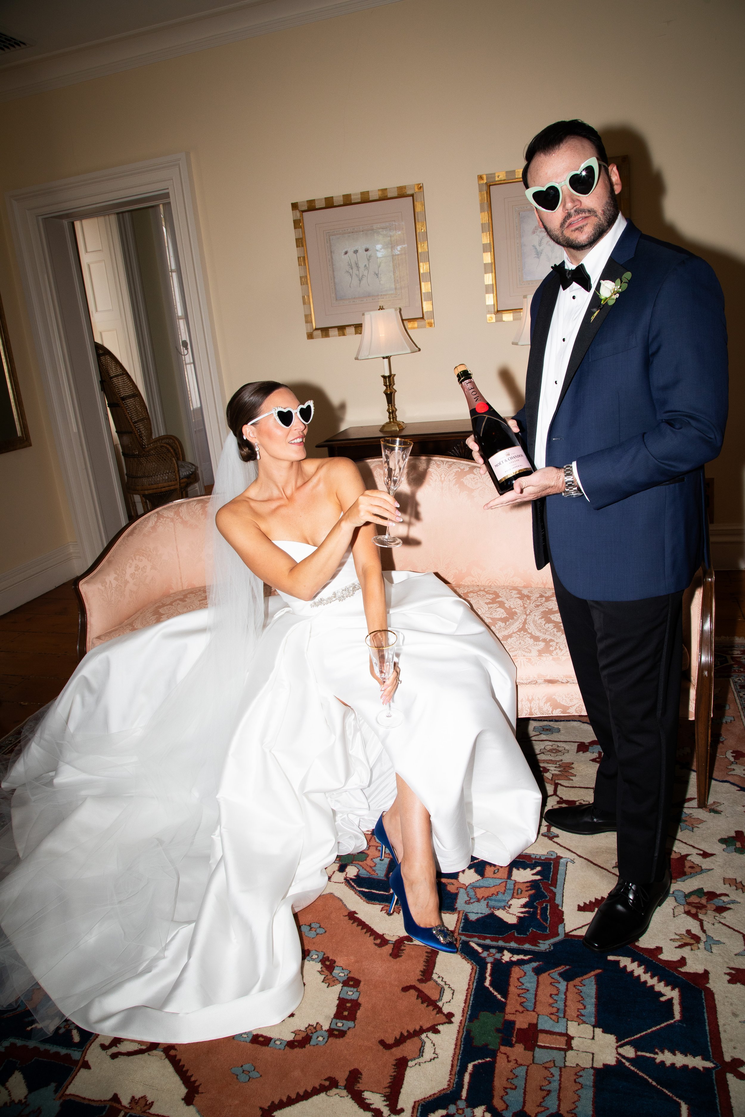 Bride and Groom Having Fun with a Cheers