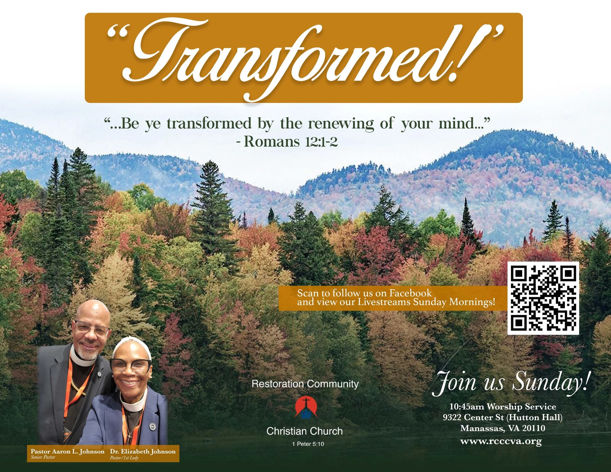 Restoration Community Christian Church Sunday worship flyer featuring autumn mountains, Romans 12:1-2, pastors Aaron and Elizabeth Johnson, service details in Manassas, Virginia, and a Facebook livestream QR code.