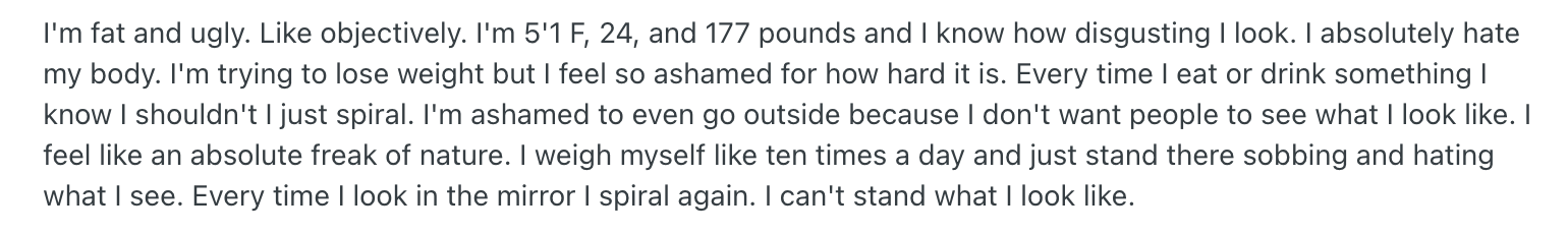 Reddit thread screenshot with the OP hating their body.