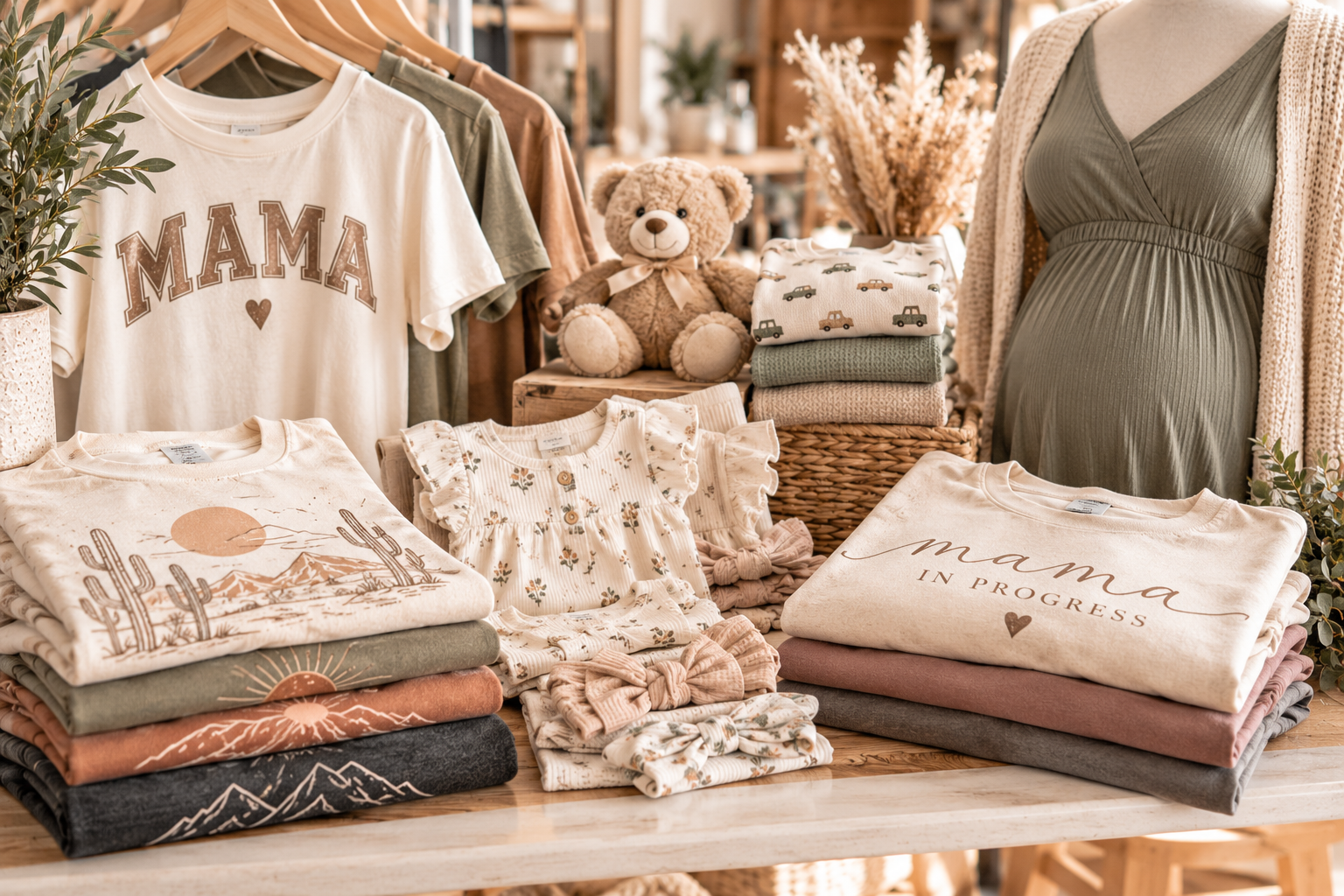 Boutique graphic tees, maternity clothing, baby outfits and children's clothing in neutral colors