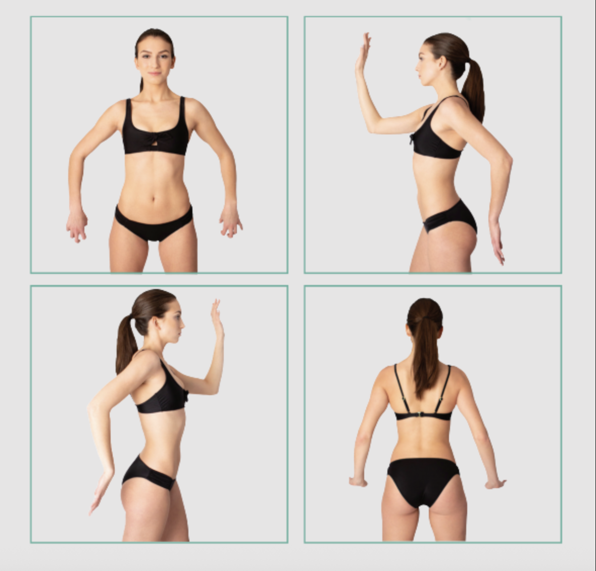 Four spray tanning positions demonstrated by a model, showing how to stand and turn inside the VersaSpa Pro automated tanning booth.