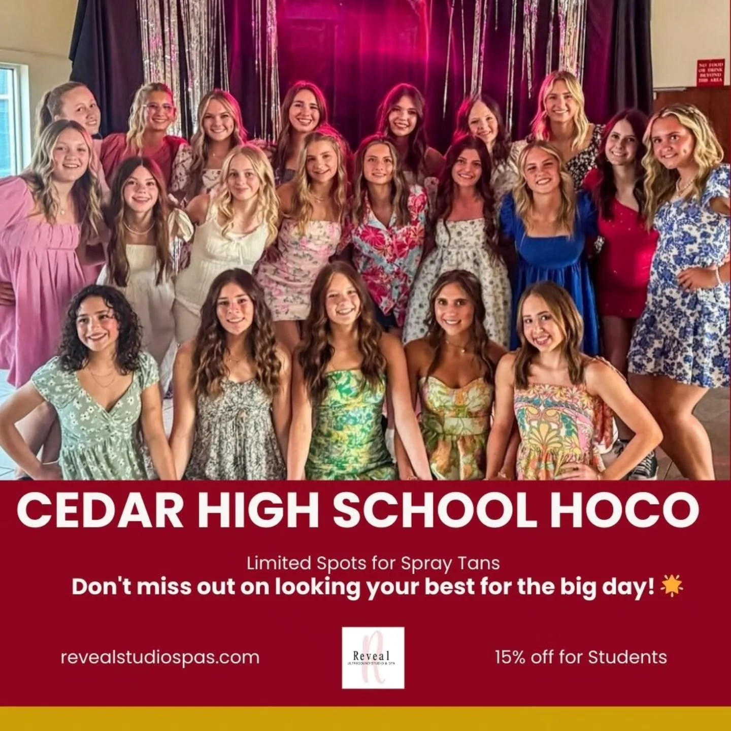 Get Ready for Cedar High HOCO!
🎉
Exciting news, Cedar High! Homecoming is this Saturday. We just opened up some spots for spray tans on Thursday morning & night and a few on Friday morning.
Grab your session now because the rest of the week