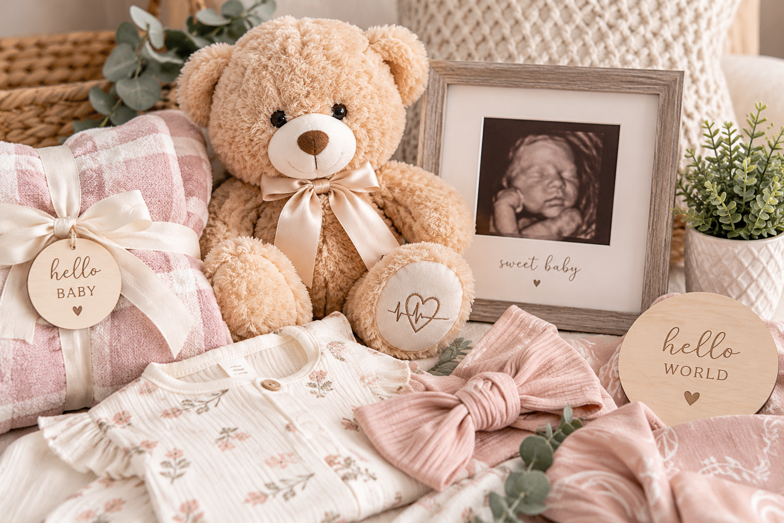 Baby and pregnancy gifts including heartbeat bear, ultrasound photo frame, baby clothing and keepsakes