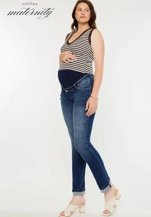Maternity Full Band Straight Leg Jeans – Dark Stone Wash Stretch, Light Distress, Cuffed Hem