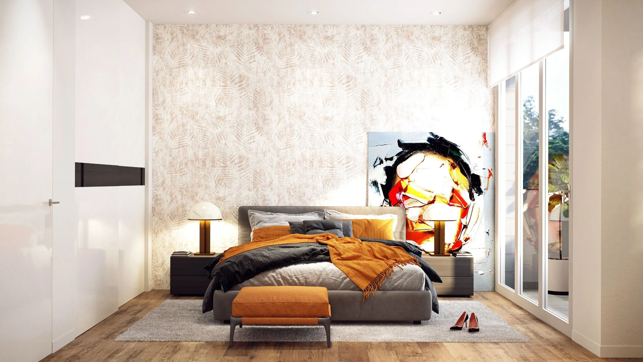 Modern bedroom with a gray bed, colorful abstract wall art, orange and gray bedding, wooden flooring, nightstands with lamps, and large windows.