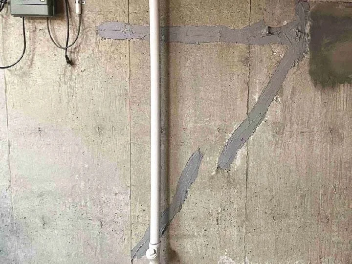 A foundation wall crack that has been repaired using epoxy injection.