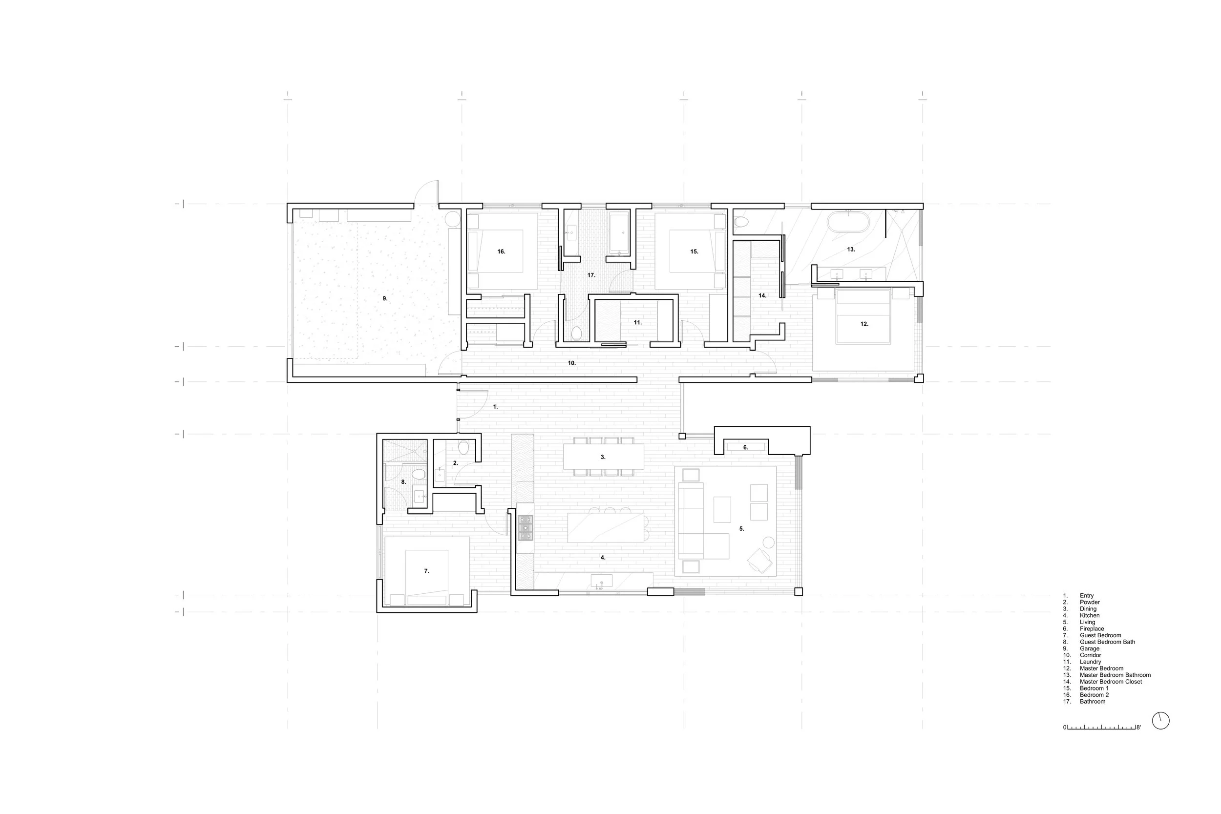 Floor plan of the Palisades Residence, a four bed three bath home designed by Los Angeles based Michel Architects