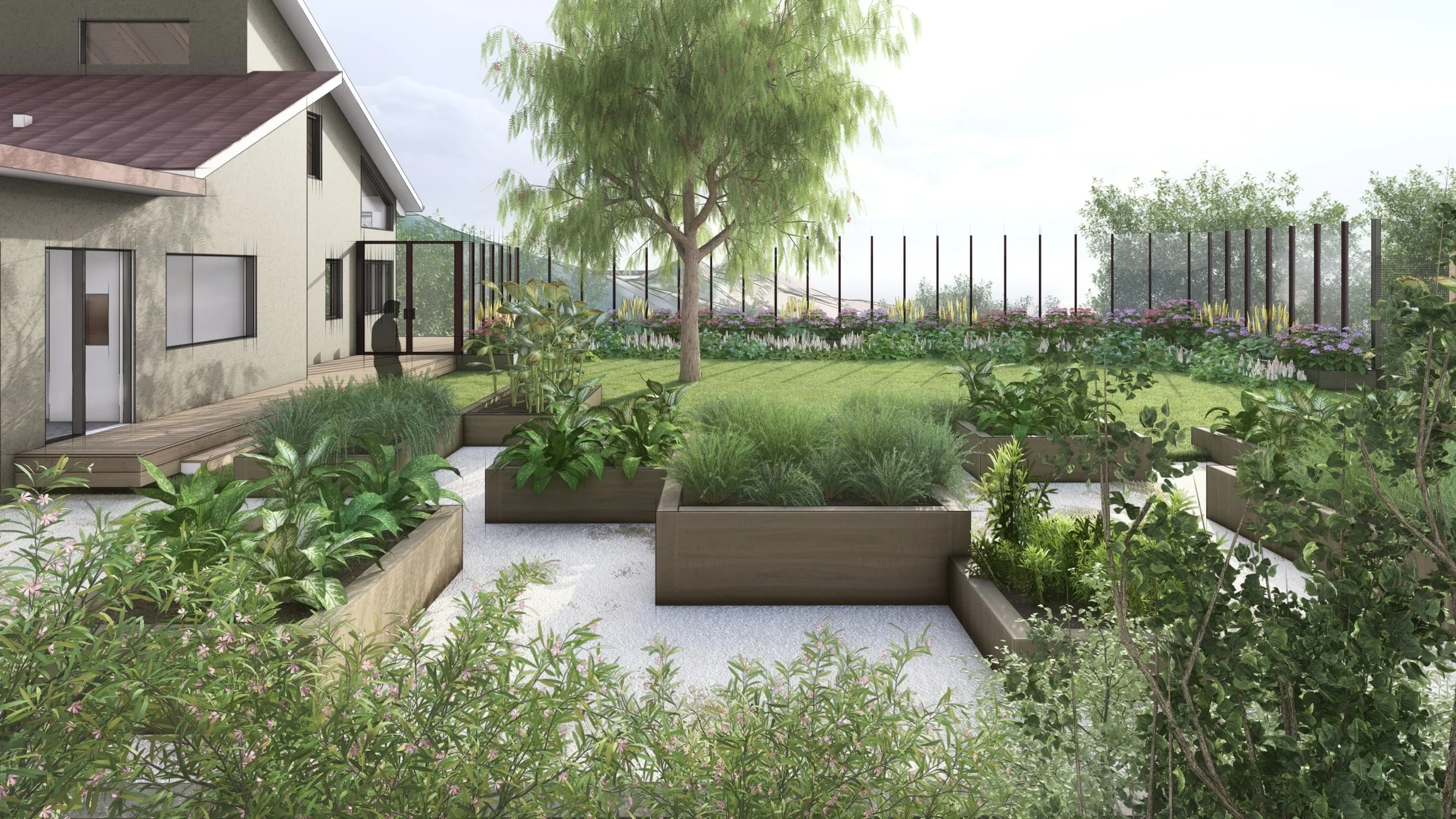 View of the garden and courtyard lookout towards the ocean, a rooted modern restoration and landscape design of the California Ranch House by Michel Architects