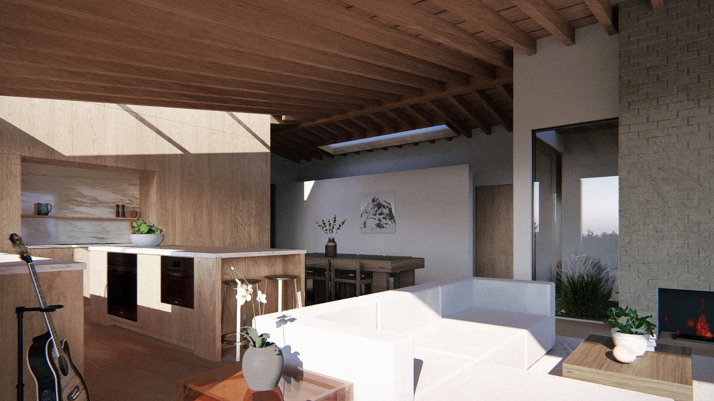 Interior of the Palisades Residence modern living room, influenced by the mountain ranch design style Los Angeles based architect Rob Michel is recognized by