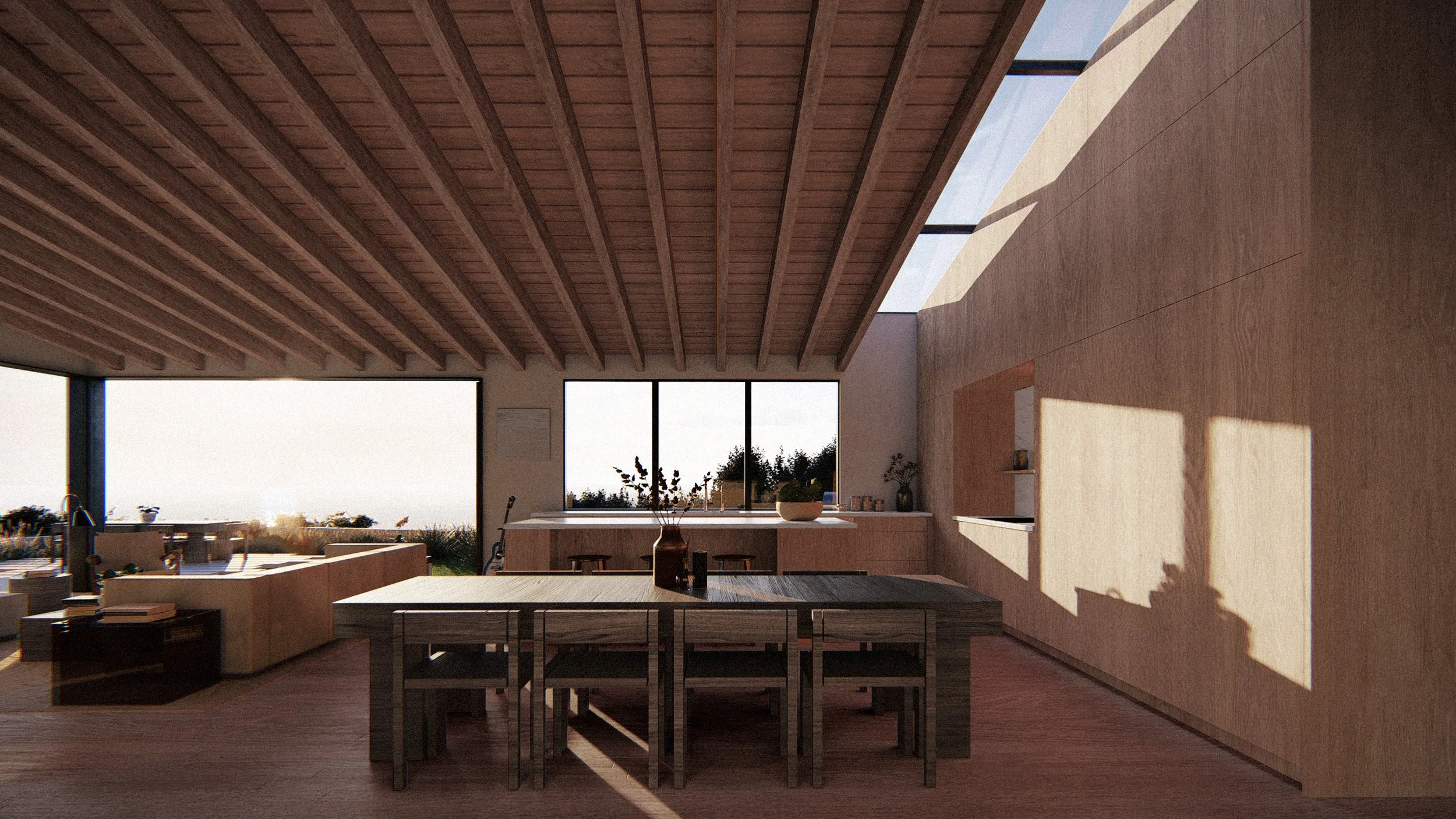 Interior view from the Palisades Residence dining room and kitchen, a modern ranch style design by architect Rob Michel