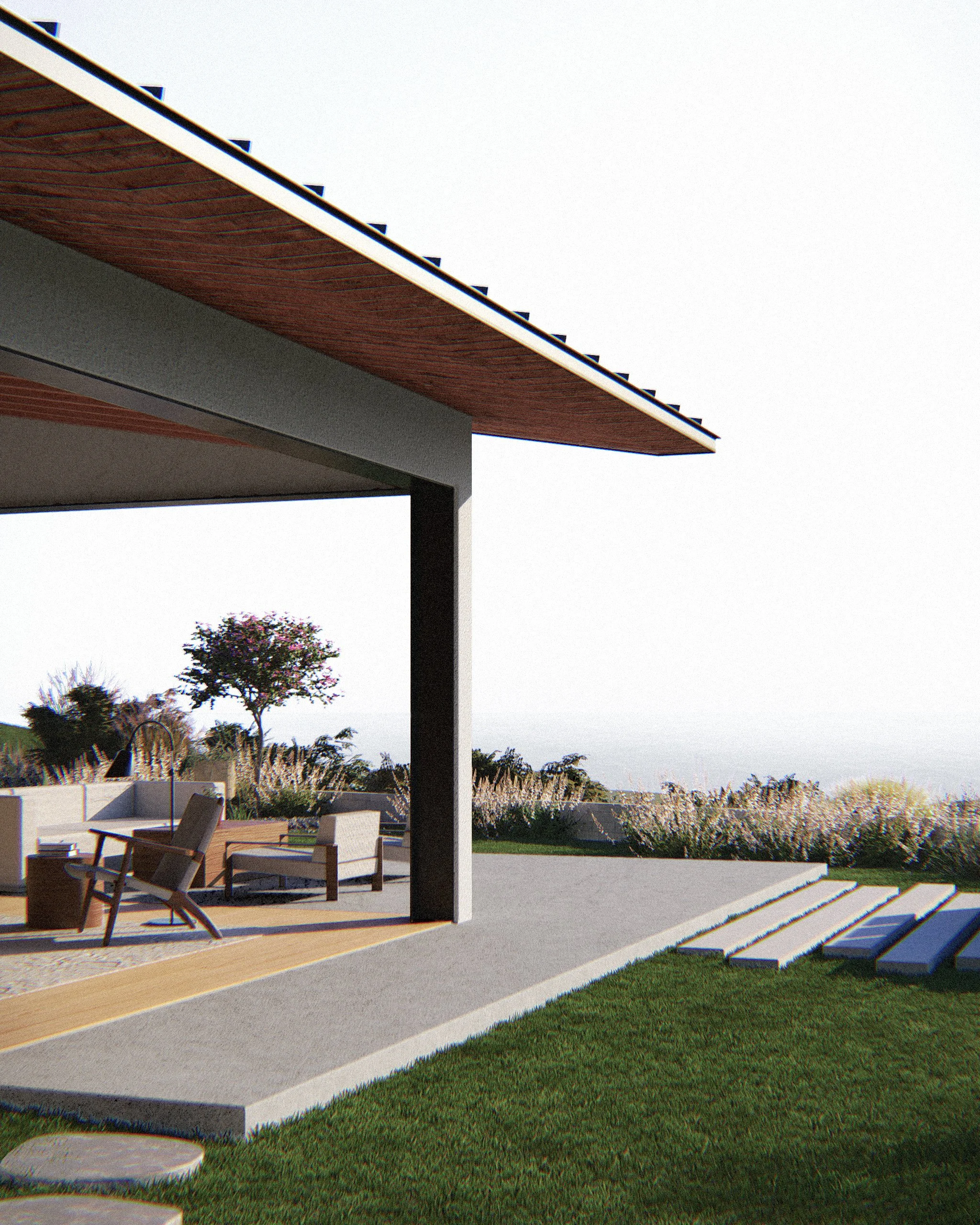 Exterior side yard view, modern coastal home designed by Rob Michel, a Los Angeles based architect, looking out towards the Pacific Ocean