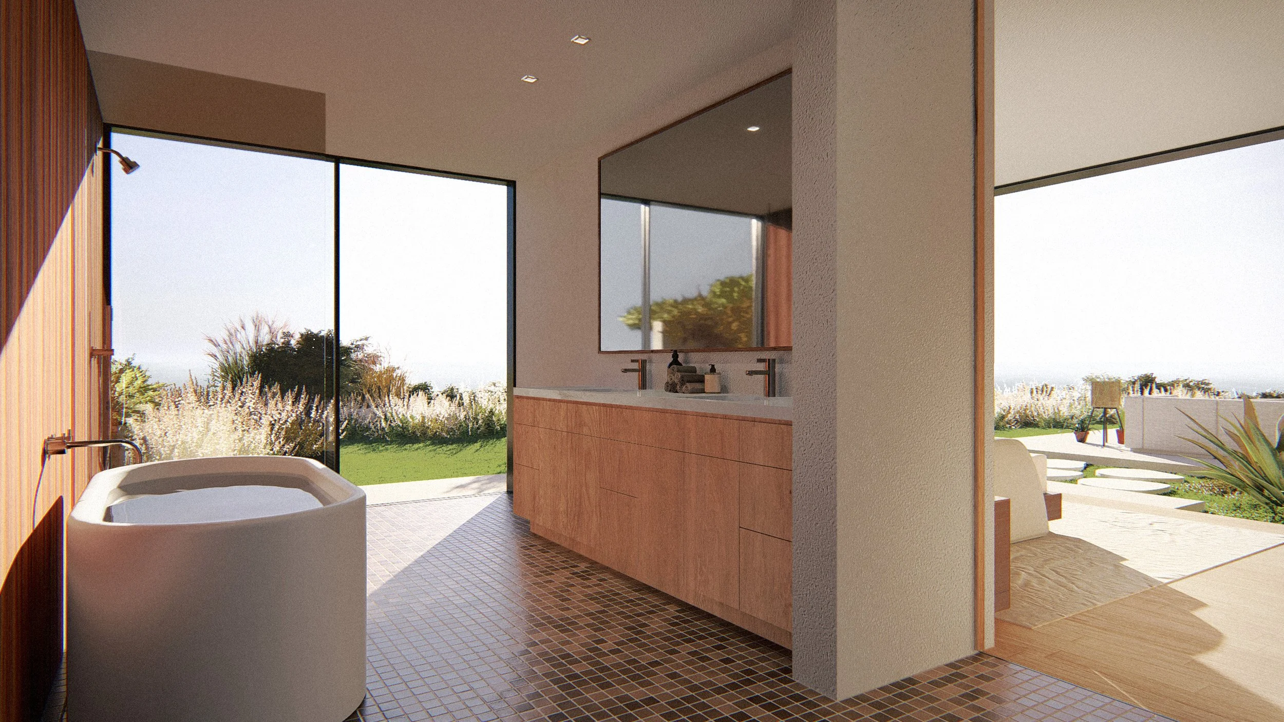 Interior of the master bath and bed,  a modern ranch design by a Los Angeles architect
