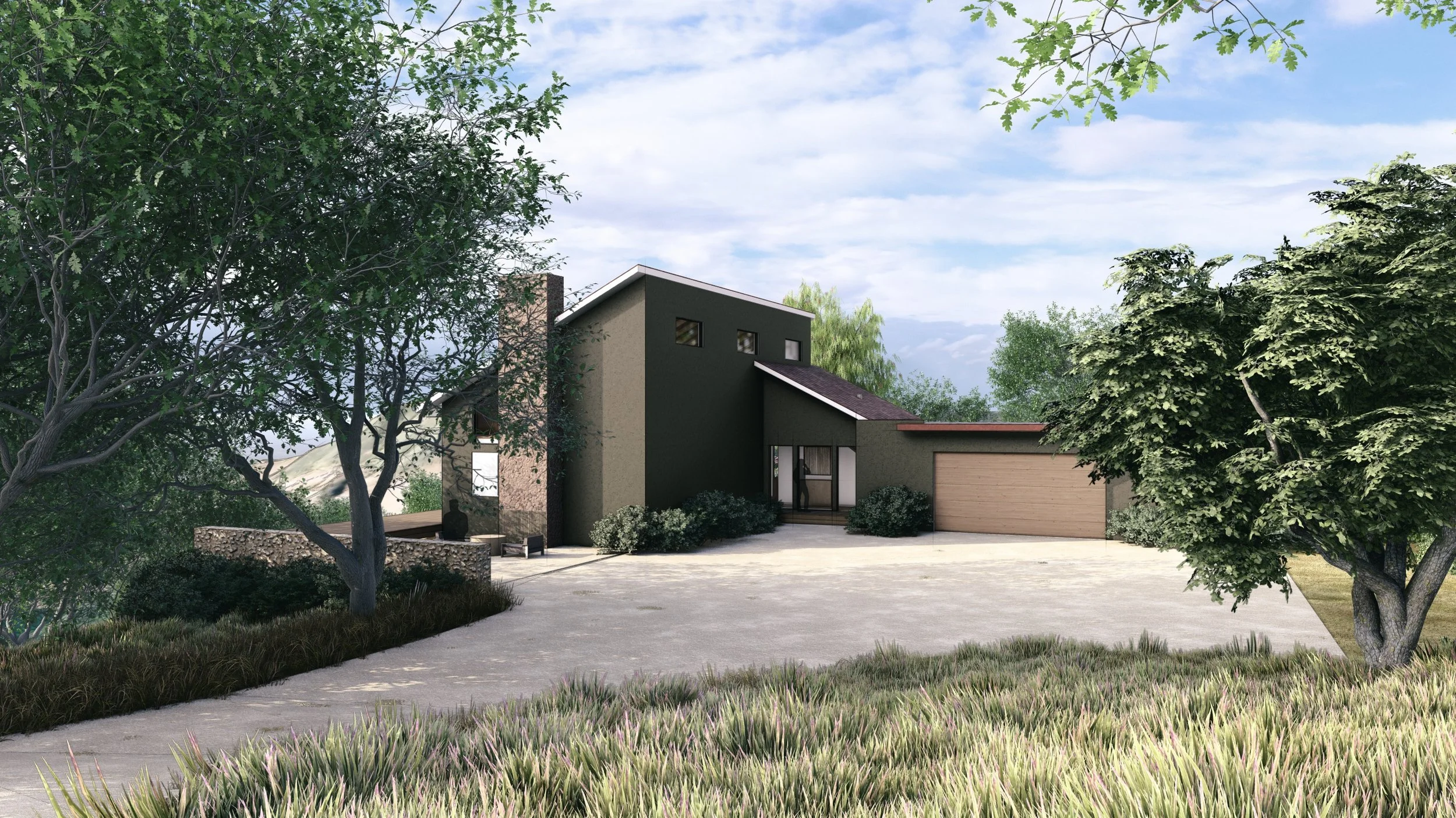 View of the California Ranch House driveway, a modern restoration designed by Los Angeles based architect Rob Michel