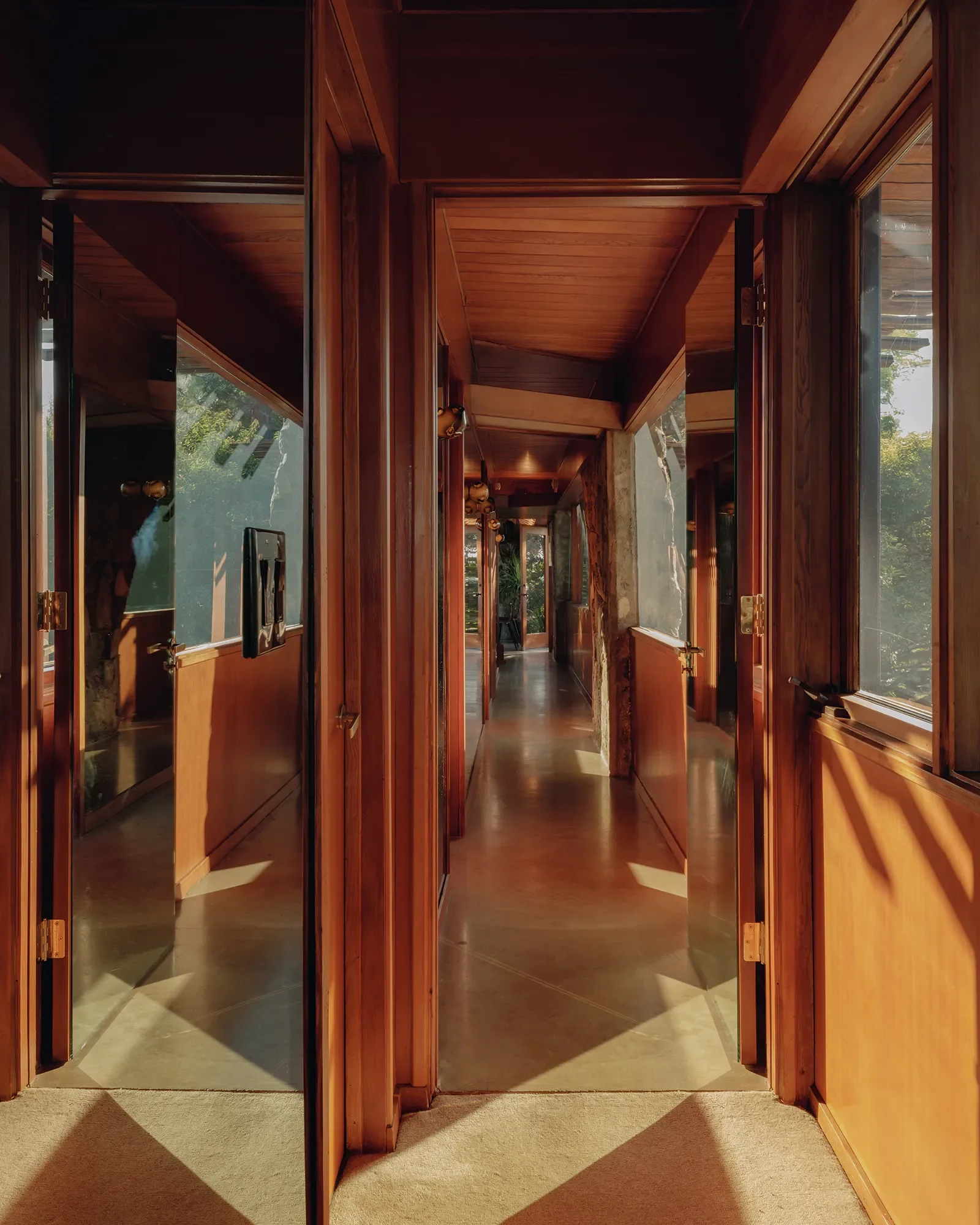 Interior hallway of the Lloyd Wright Jr. De Jonghe Residence in Laurel Canyon, historic residential restoration by Michel Architects