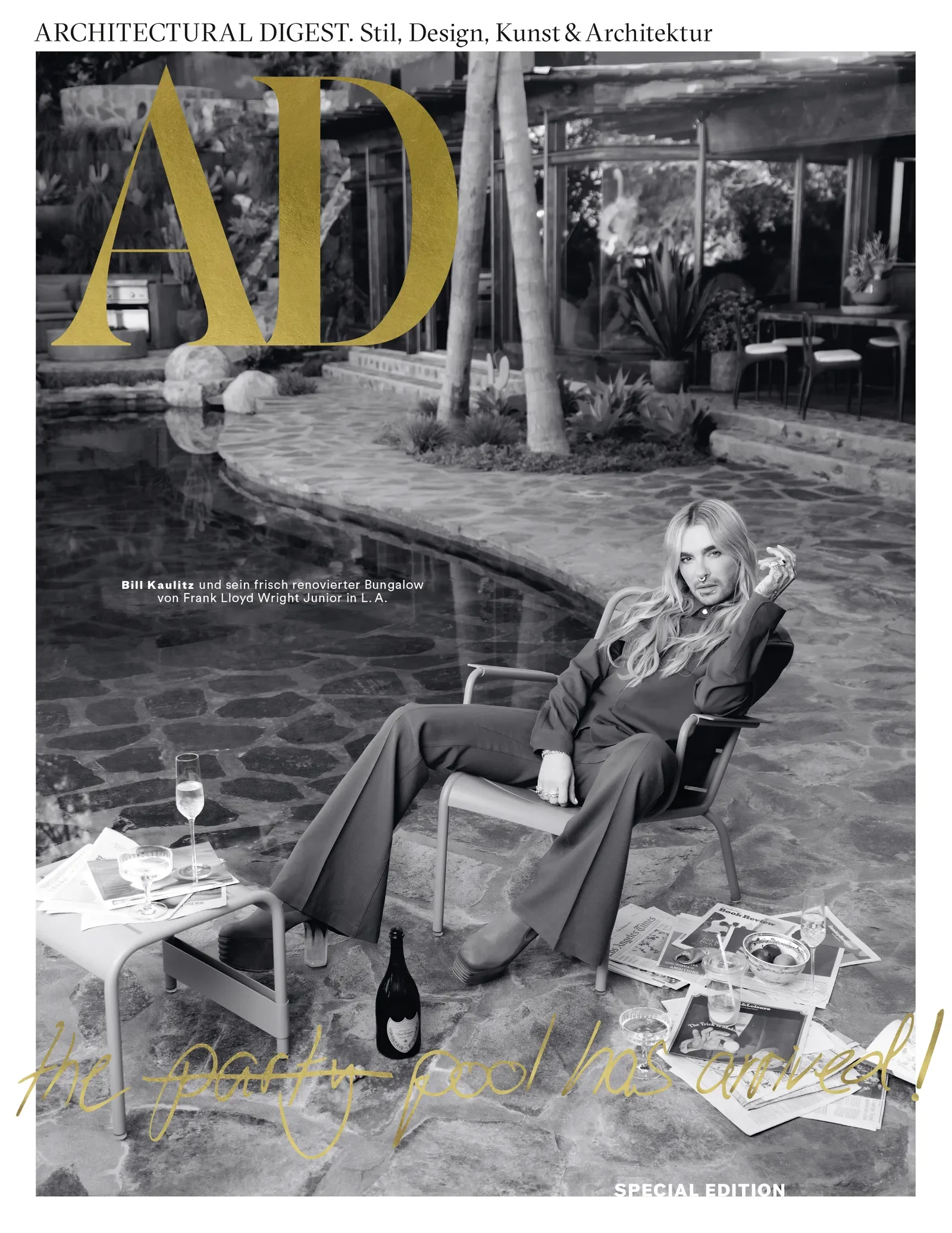 Architectural Digest Germany special edition cover featuring the restored Lloyd Wright Jr. De Jonghe Residence pool and organic landscape in Los Angeles,