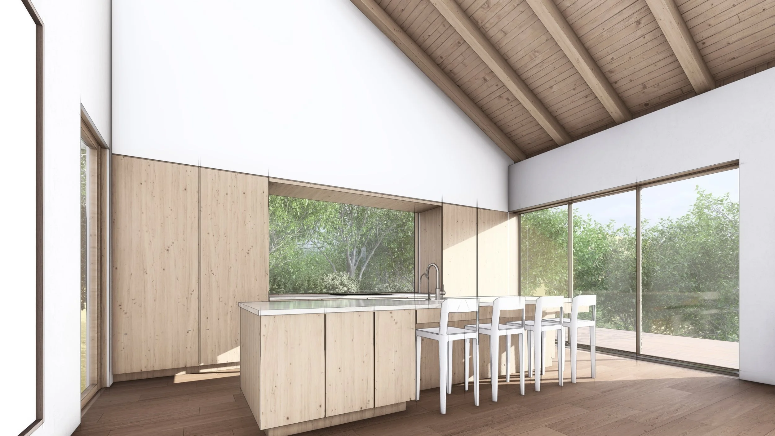 View of the kitchen and kitchen island design, a minimal restoration of the California Ranch House by Los Angeles based office Michel Architects