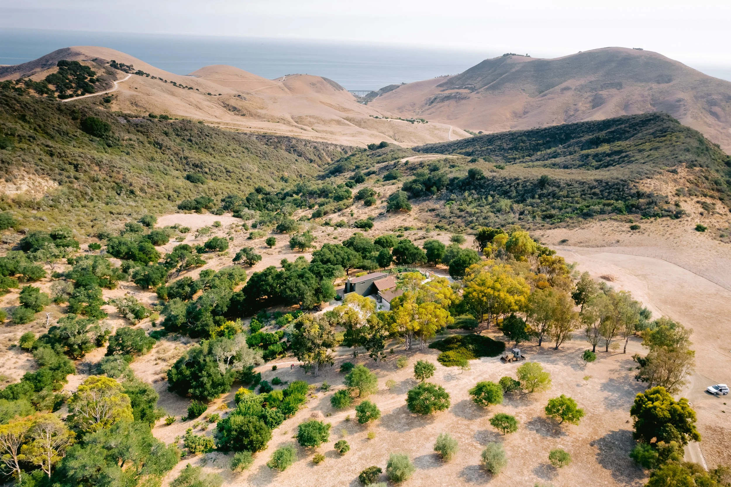 Aerial view of a rural landscape with rolling hills, trees, a house, and a distant view of the ocean.