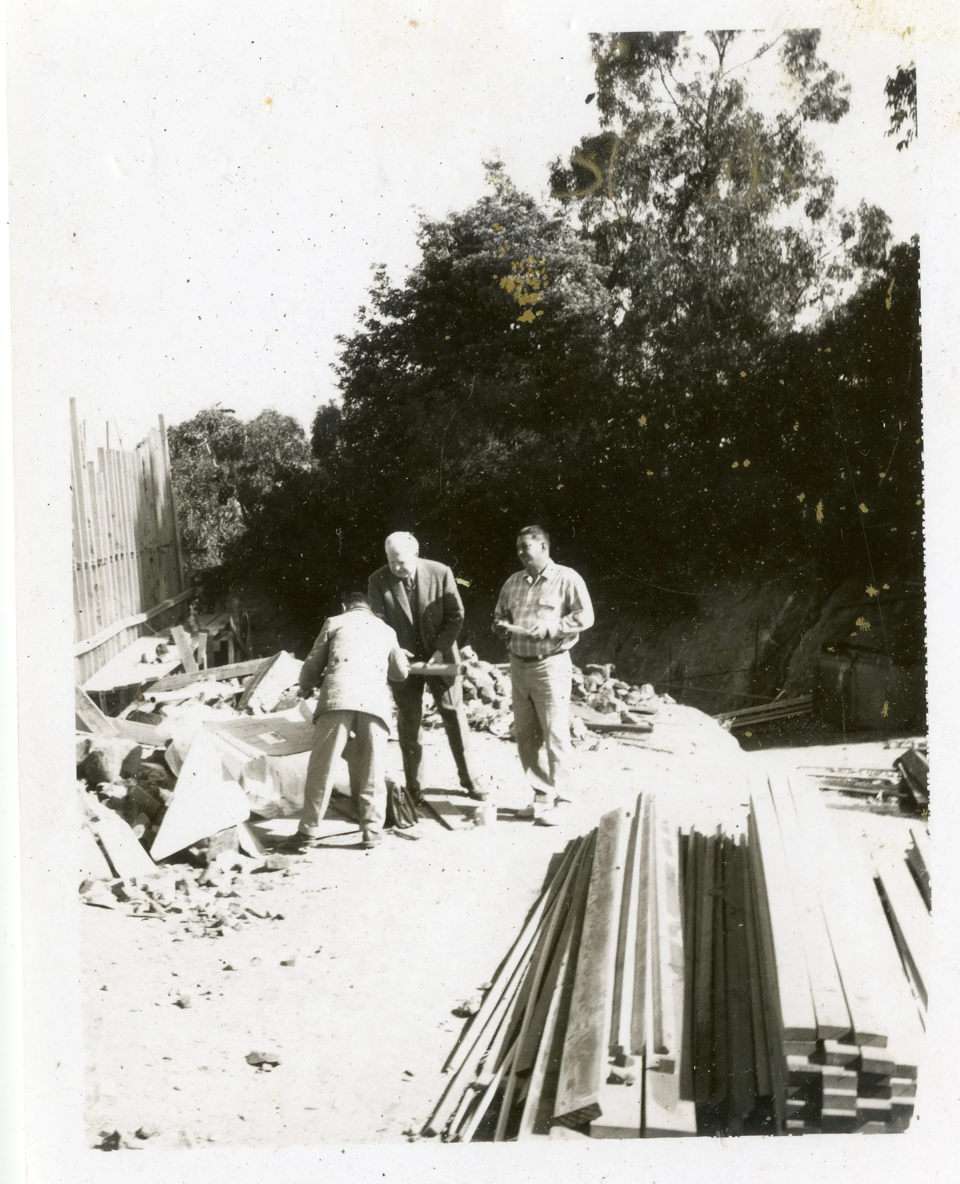 Original photo from the Library Special Collections at UCLA of the De Jonghe Residence under construction in Laurel Canyon, Los Angeles
