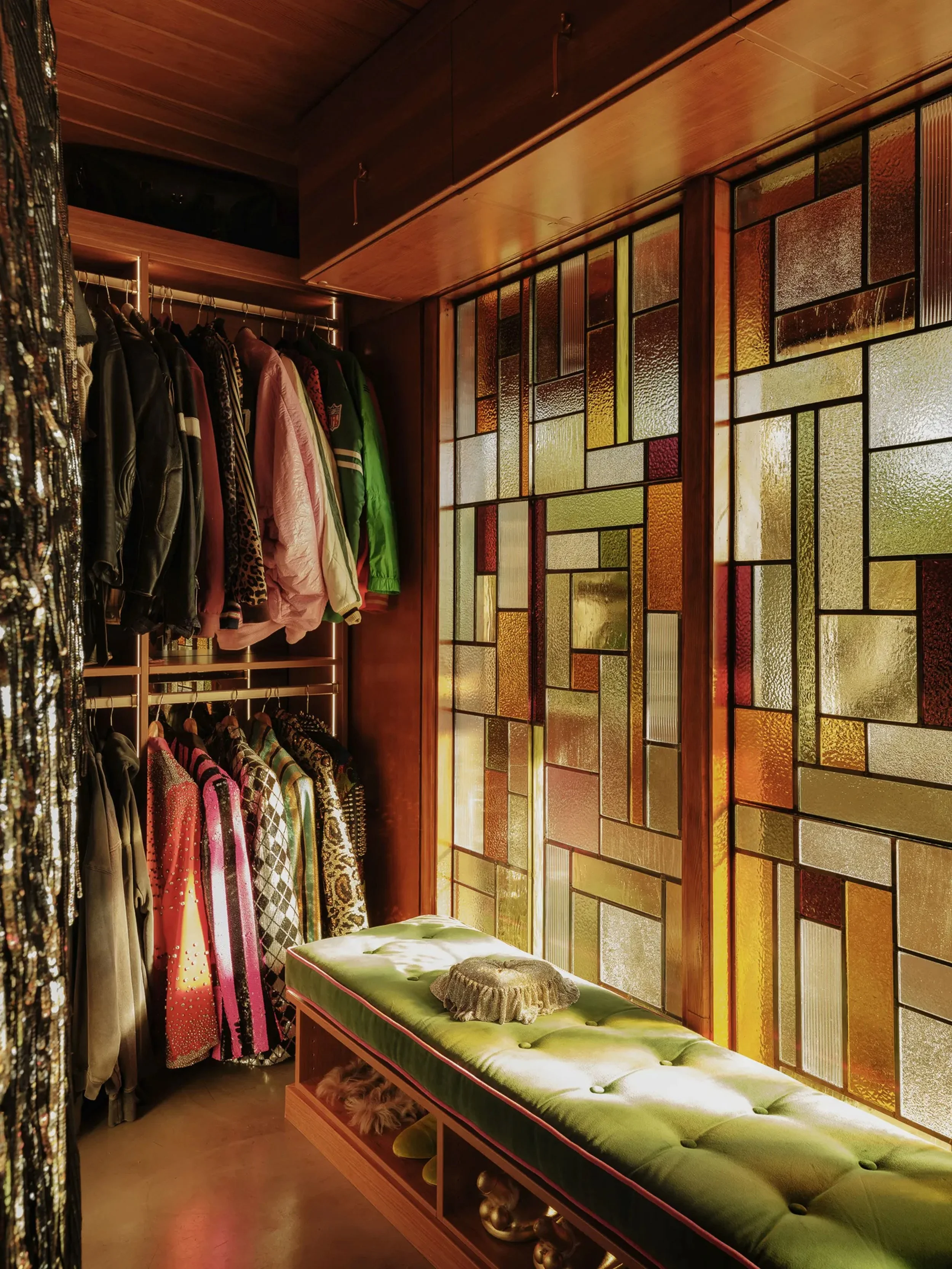 Detailed image of the new stained glass design from the interior closet at the Lloyd Wright Jr. original the De Jonghe Residence, designed by Michel Architects
