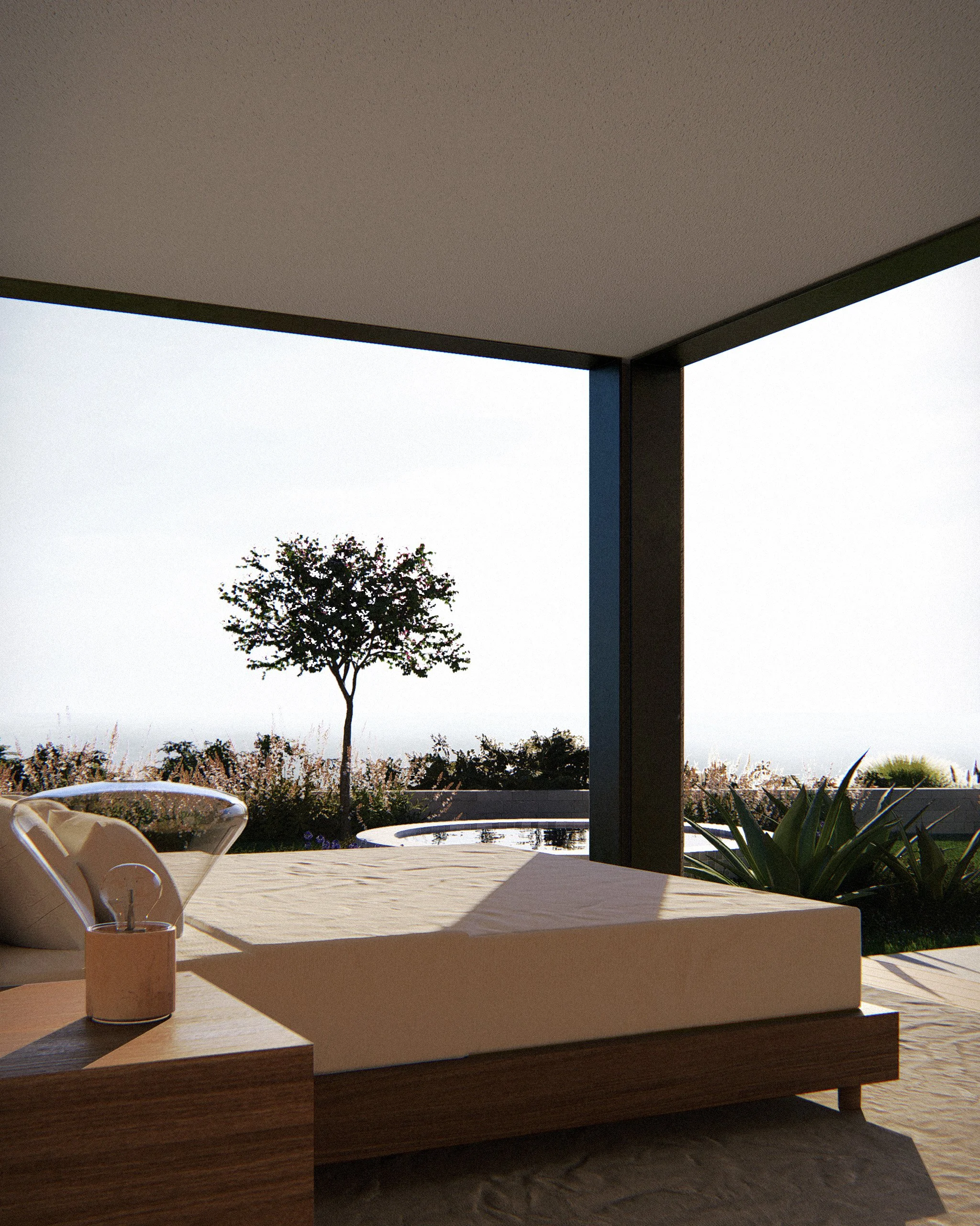 Interior view of the master bedroom, modern and minimal design by a Los Angeles architect