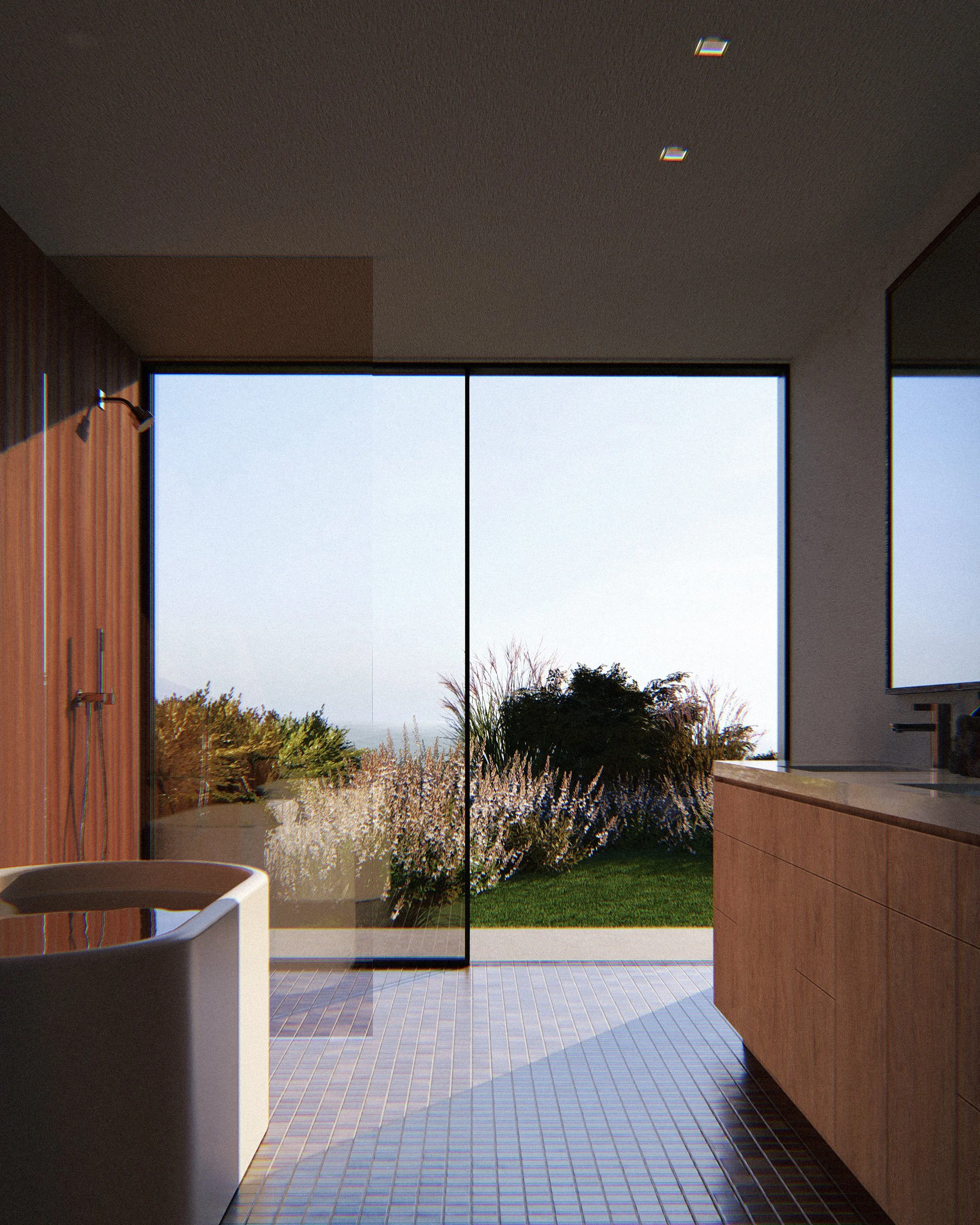 Interior view of the master bathroom, a modern California style space by a Los Angeles architect