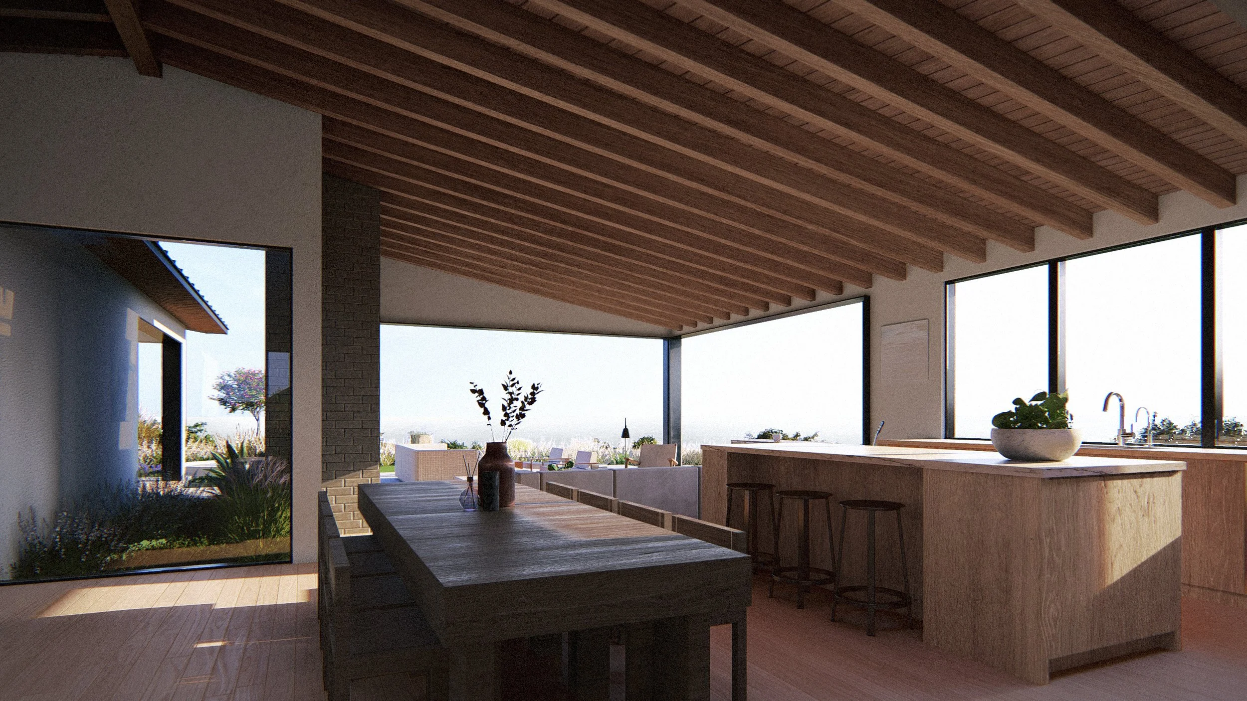 Interior great room looking out towards the ocean view, mid-century modern interiordesigned by a Los Angeles based Michel Architects