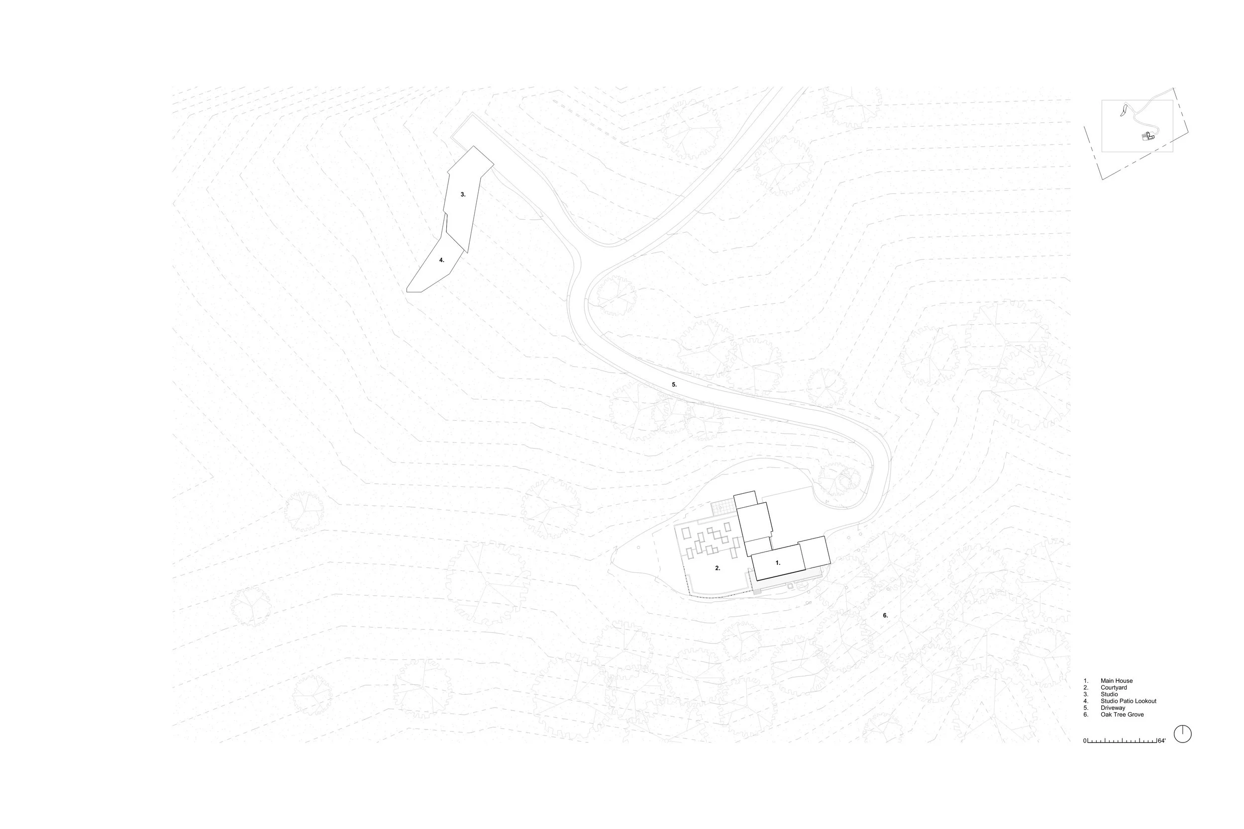 Site plan of the California Ranch House showing the oak tree grove, studio, and main house, designed by Rob Michel, a Los Angeles based architect