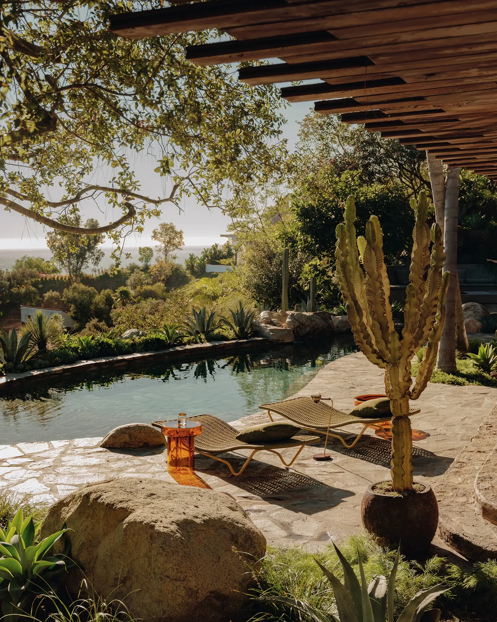 Exterior view of De Jonghe Residence in Laurel Canyon, Los Angeles, showing organic-form pool, stone paving, and native California landscape by Los Angeles design studio Michel Architects