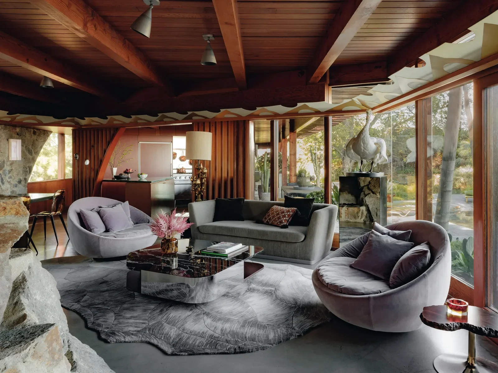 Living room interior of the restored De Jonghe Residence, a Lloyd Wright Jr. historic home in Laurel Canyon, Los Angeles, restoration by architecture studio Michel Architects