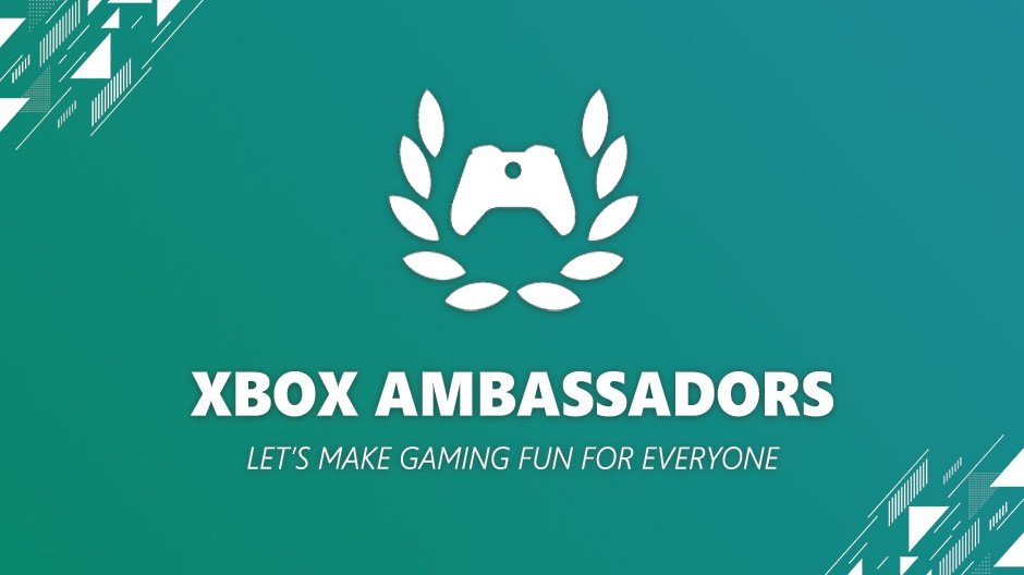 Teal background with white logo of a game controller surrounded by laurel leaves, and the text 'Xbox Ambassadors' with the tagline 'Let's make gaming fun for everyone' underneath.