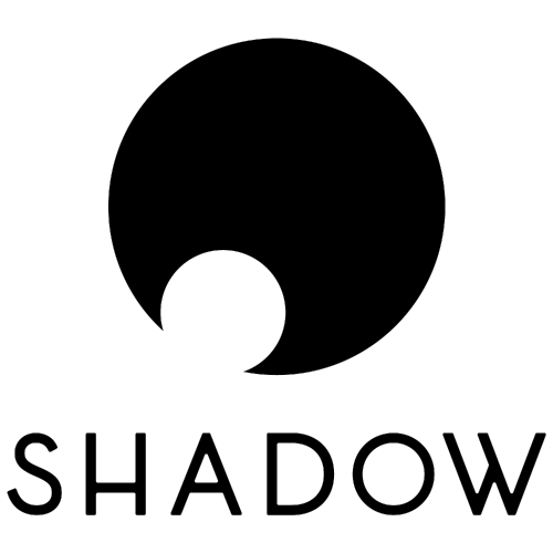 A black and white logo featuring a stylized circle with a smaller circle cut out from the bottom left, and the word 'SHADOW' written below in uppercase letters.