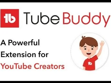 YouTube Tube Buddy logo with a cartoon boy waving, promoting an extension for YouTube creators.