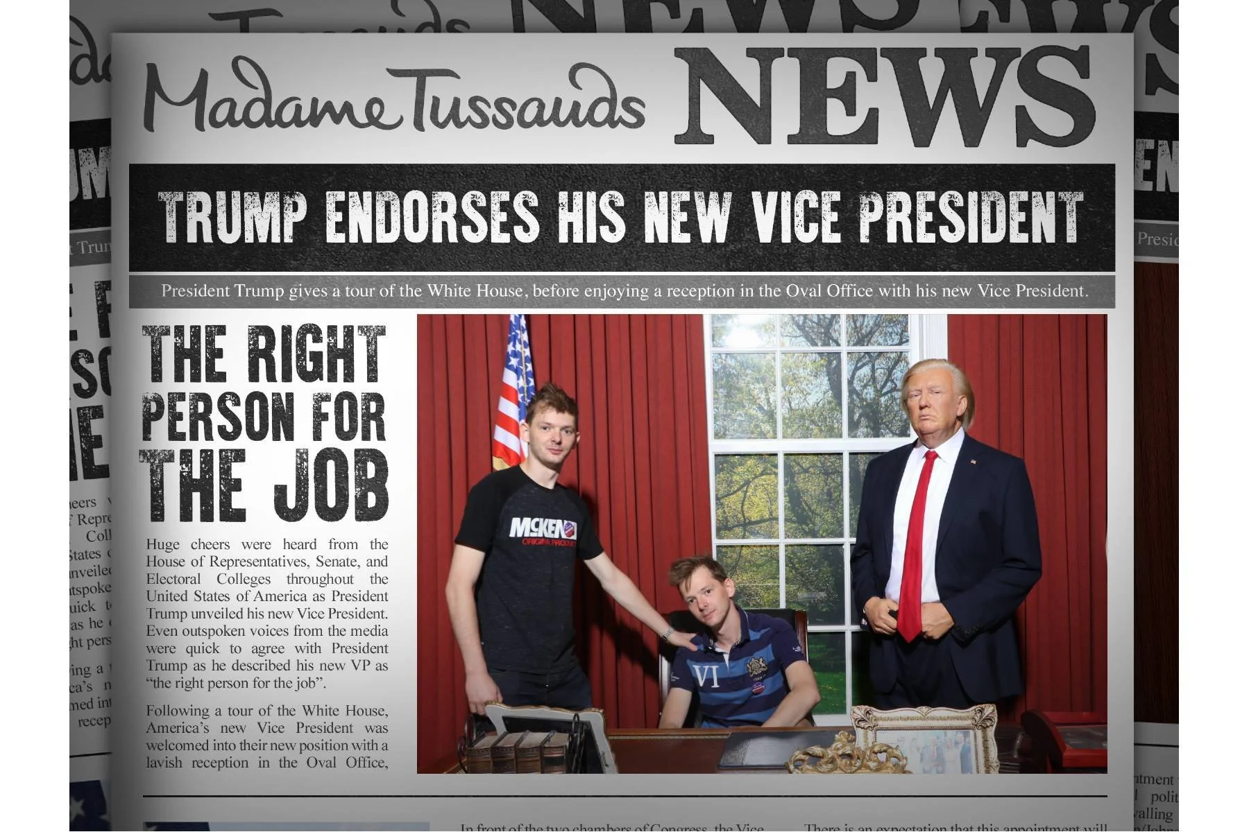 A newspaper front page with a headline about Trump endorsing his new Vice President, featuring a photo of three people inside a room. One person is standing, another is seated, and the third is standing near the desk. The room has red curtains, an Am
