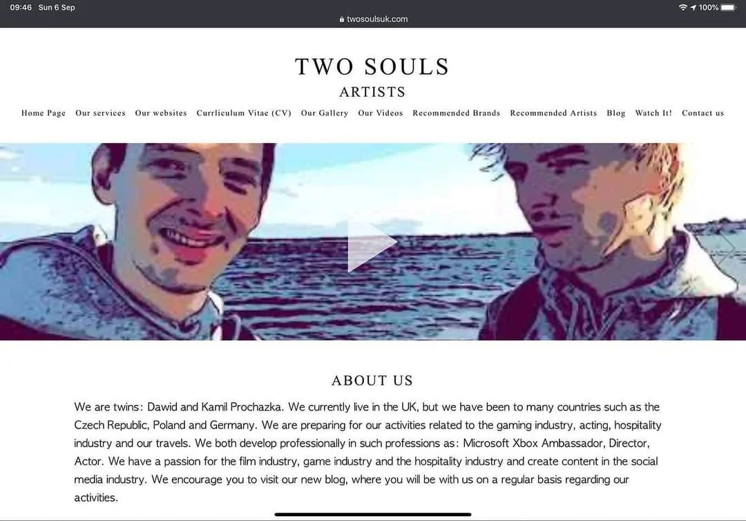 A website homepage titled "Two Souls" featuring a stylized image of two young men standing outdoors by a body of water.