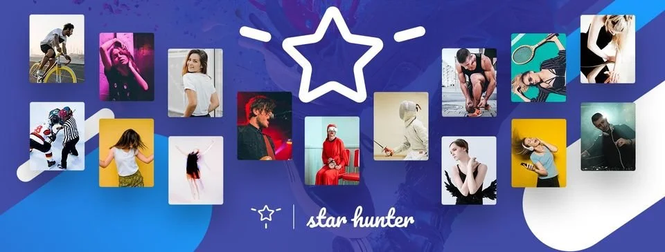 Collage of diverse people engaging in various activities like cycling, fashion, singing, playing hockey, tennis, gaming, fishing, and more, with a central star icon and the text 'star hunter' at the bottom.