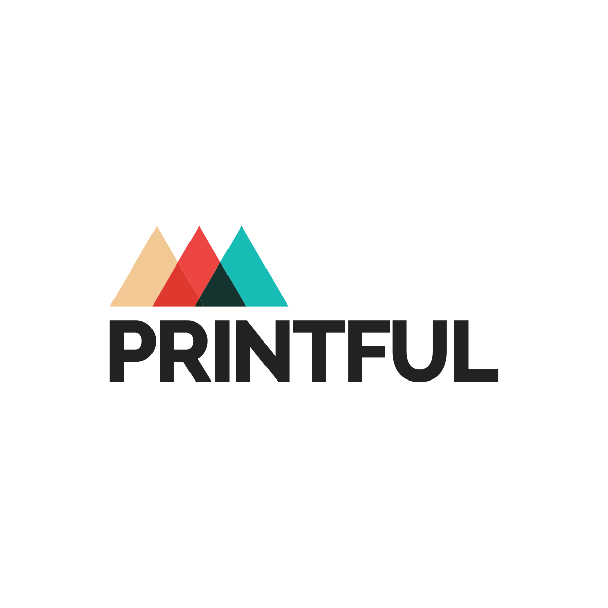 Printful logo with stylized overlapping triangles in beige, red, black, and teal above the bold black text 'PRINTFUL' on a white background.