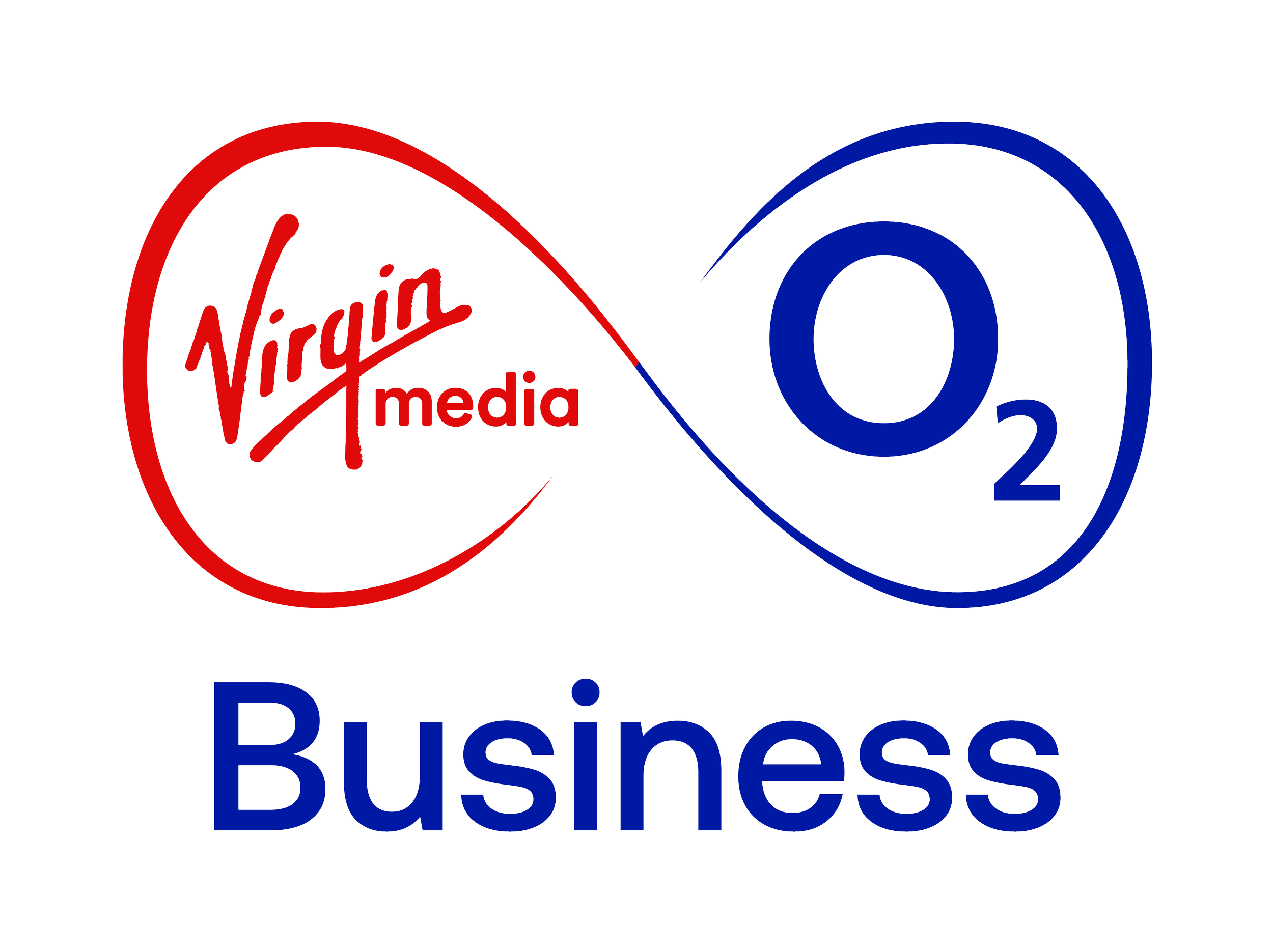 Logo of Virgin Media Business with a red and black infinity symbol incorporating Virgin Media's logo on the left and an O2 logo on the right, with the word 'Business' in blue below.