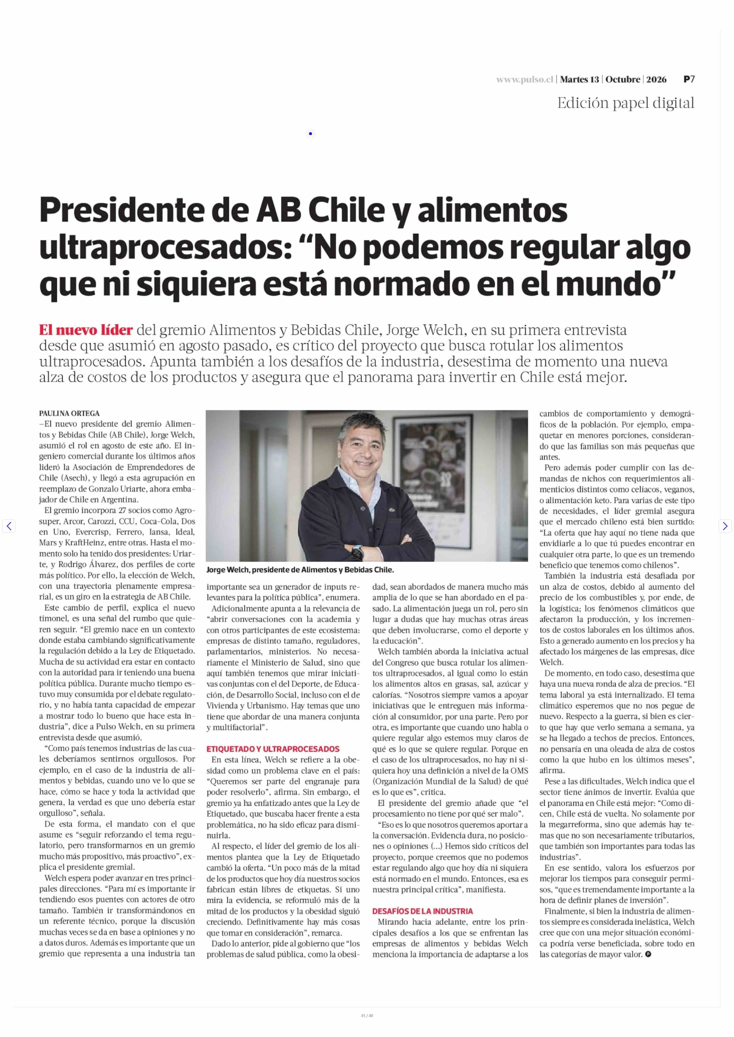 Presidente de AB Chile y alimentos ultraprocesados: 'No podemos regular algo que ni siquiera está normado en el mundo'