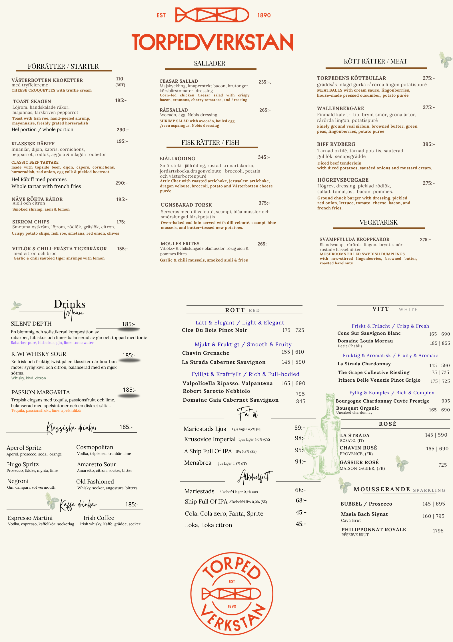 En meny för en restaurang eller bar som heter Torpedverkstaden. Menyn är uppdelad i sektioner såsom förrätter, sallader, fiskrätter, kött rätter, vegetariska rätter, och drycker. Texten är på svenska och engelska. Det finns priser listade för varje rätt samt beskrivningar av ingredienser och tillagningar.