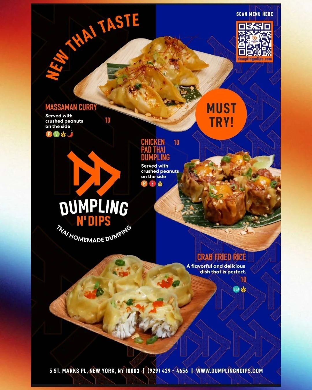 💙Our new menu is now available!!! 🧡 Hi👋 Dumpling lover 🥟  We are so excited about our unique dumplings menu. The famous Thai dishes are Massaman curry, Chicken Pad Thai, and Crab fried rice now ready to serve 😋 Must try!!!#dumplingndips
#dumplin