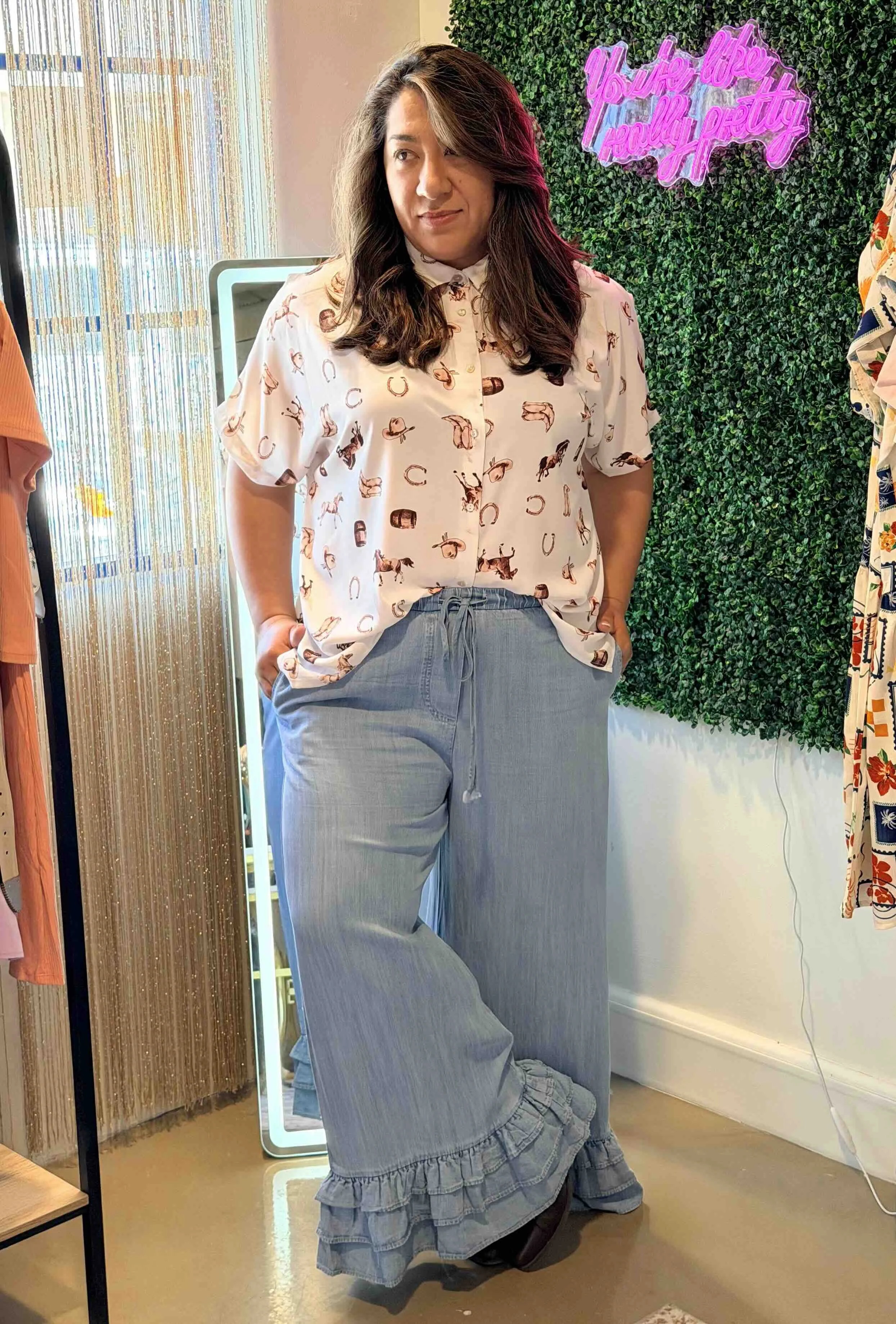 High-Waisted Flared Ruffle Hem Chambray Pants