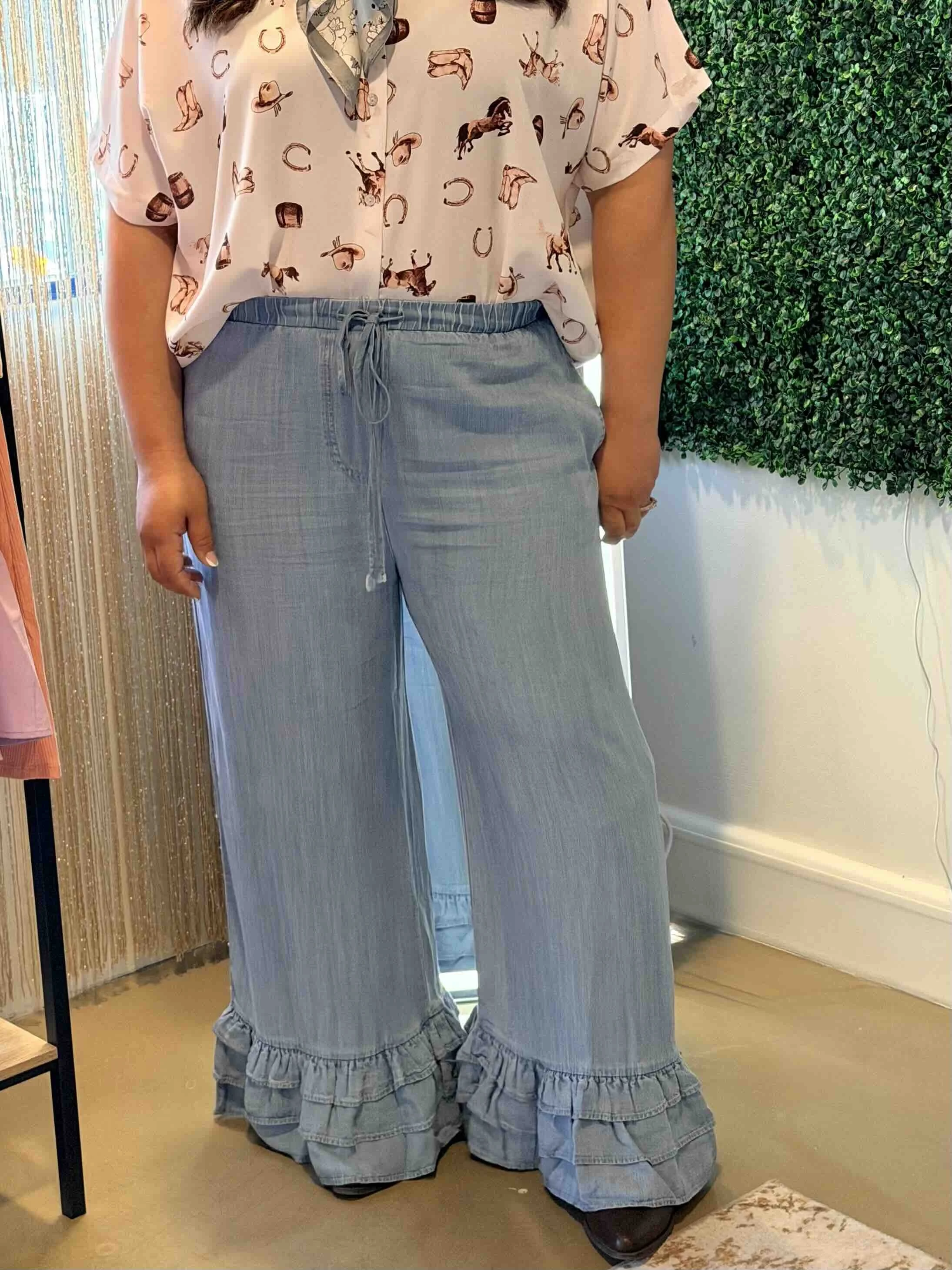 High-Waisted Flared Ruffle Hem Chambray  Western Pants