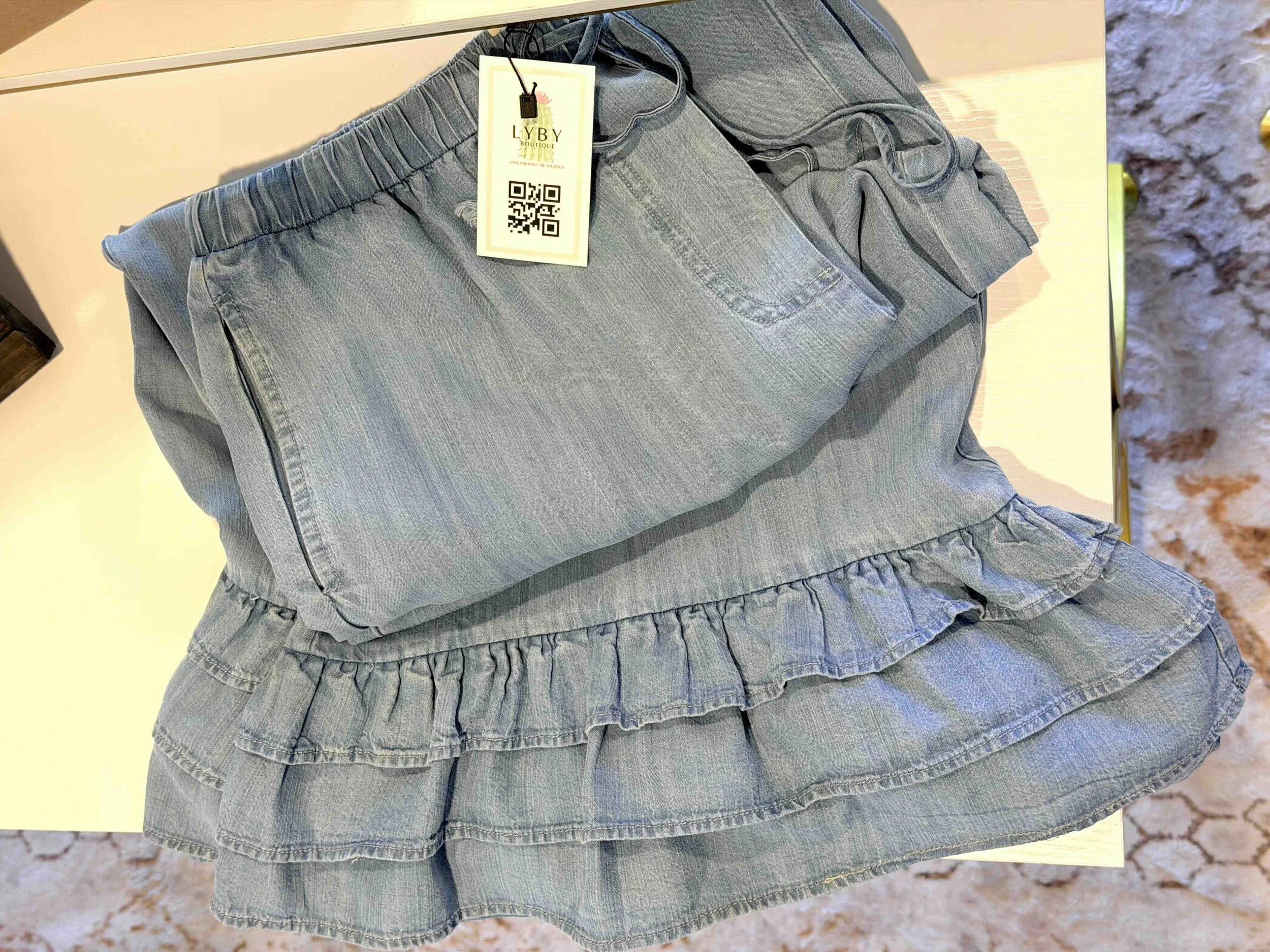 High-Waisted Flared Ruffle Hem Chambray Western Pants