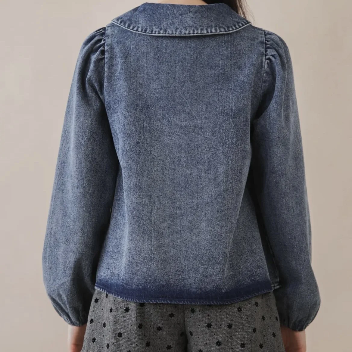 Chic Denim Blouse with Front Tie and Wide Peter Pan Collar