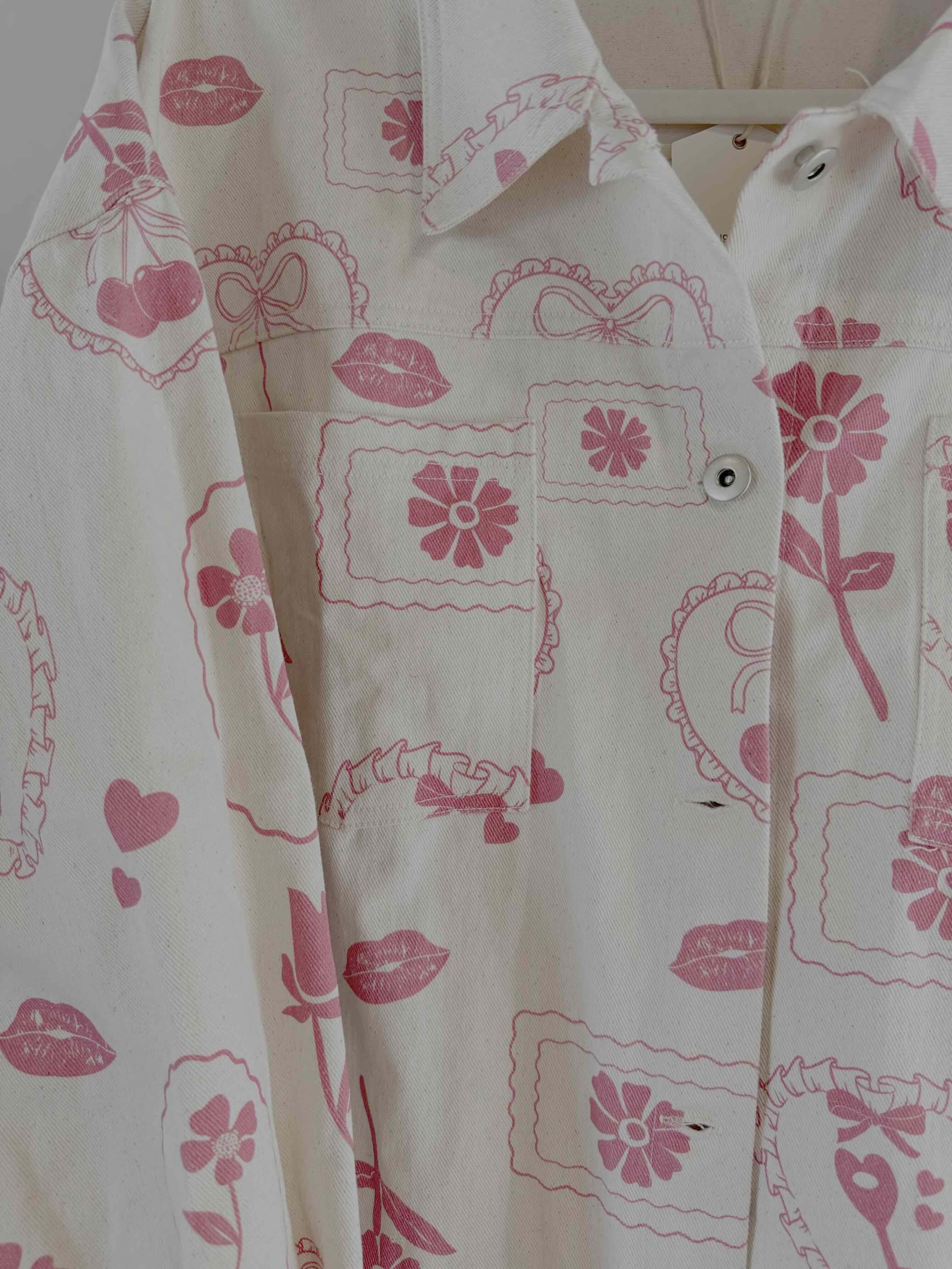 Oatmeal Color Oversized Jacket with Pink Hearts & Lips