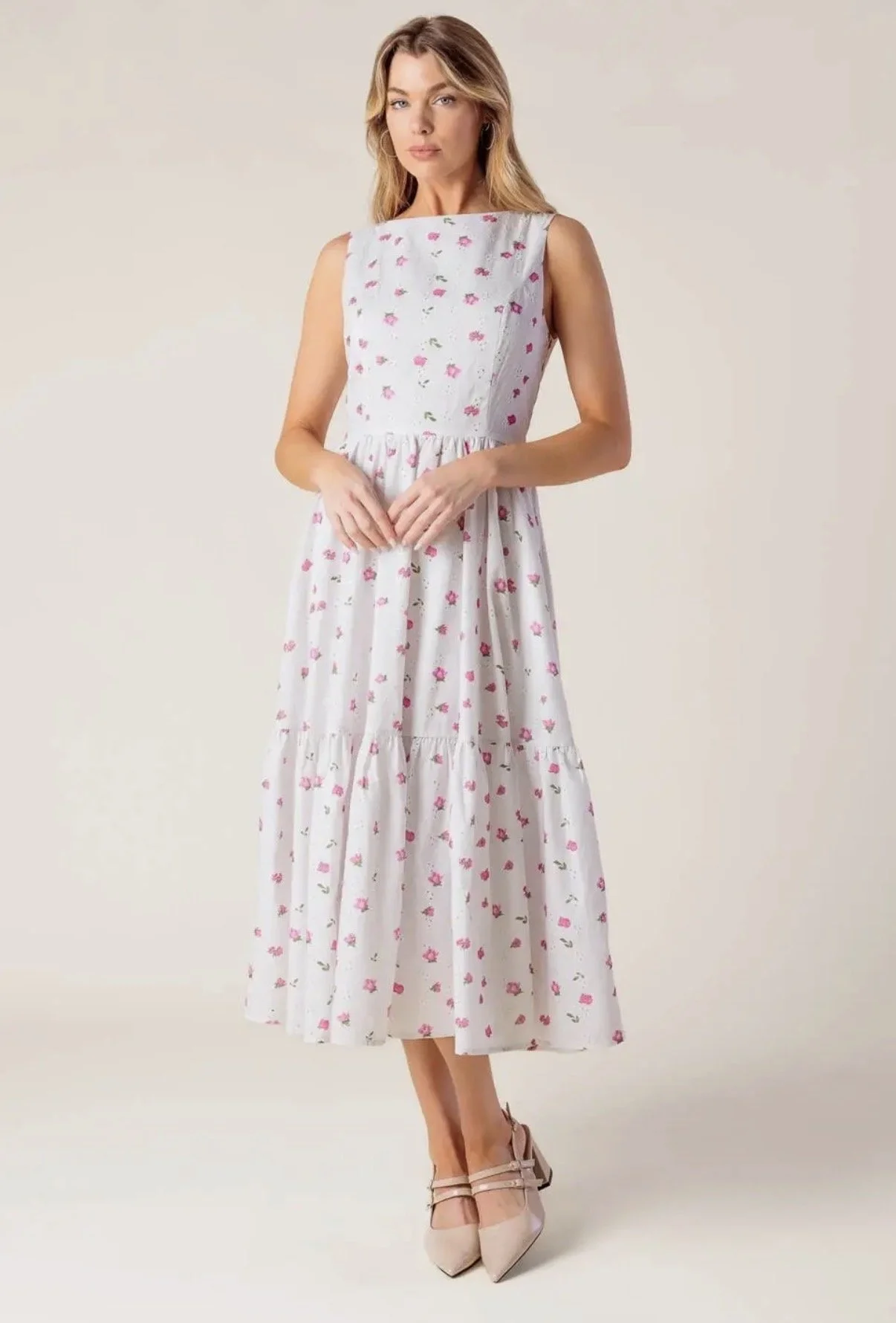 Blossom Breeze White Eyelet Midid Dress