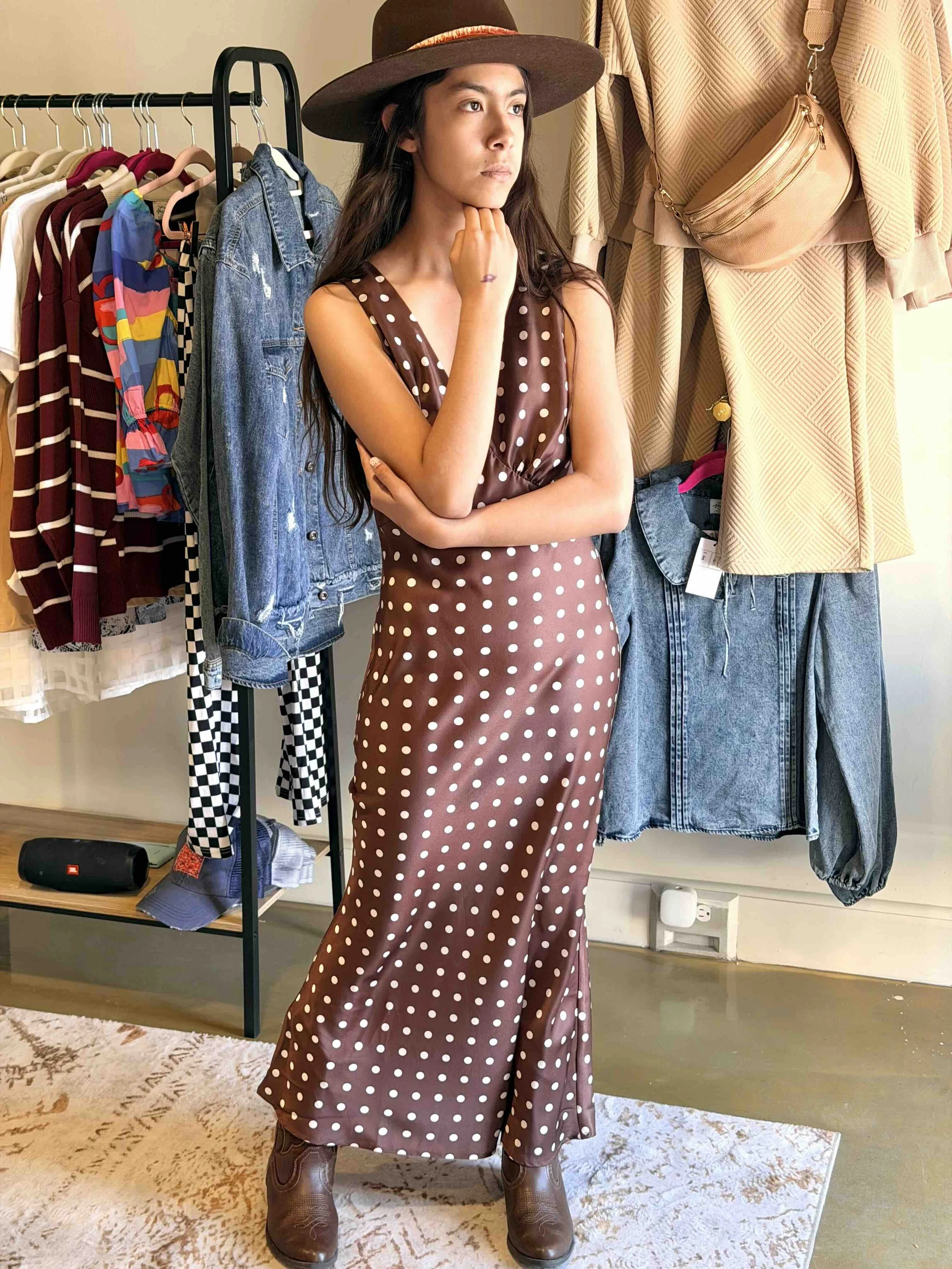 Brown w White Polka Dot Dress V-Neckline .jpg