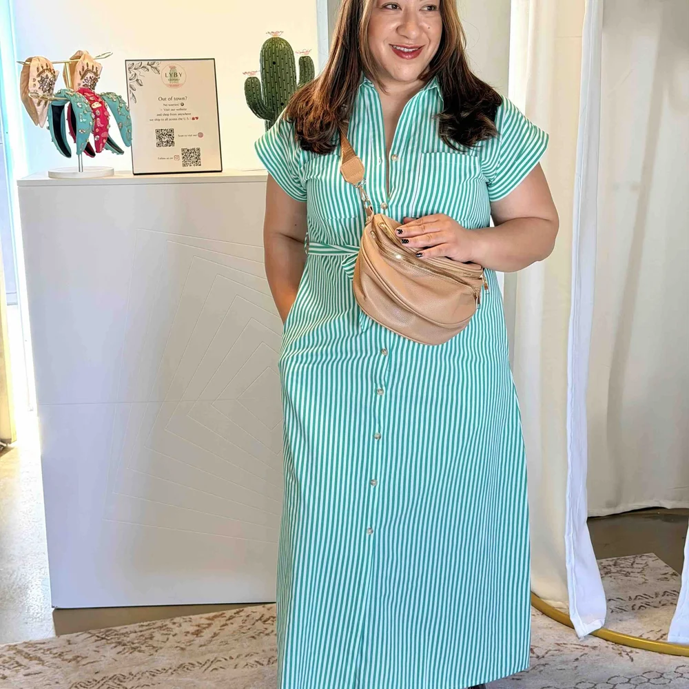LYBY Boutique Green Striped Midi Dress - 100% Cotton, Cuffed Dolman Sleeves. Belted Dress, Shirt type dress LYBY Boutique Green Striped Midi Dress - 100% Cotton, Cuffed Dolman Sleeves. Belted Dress, Shirt type dress