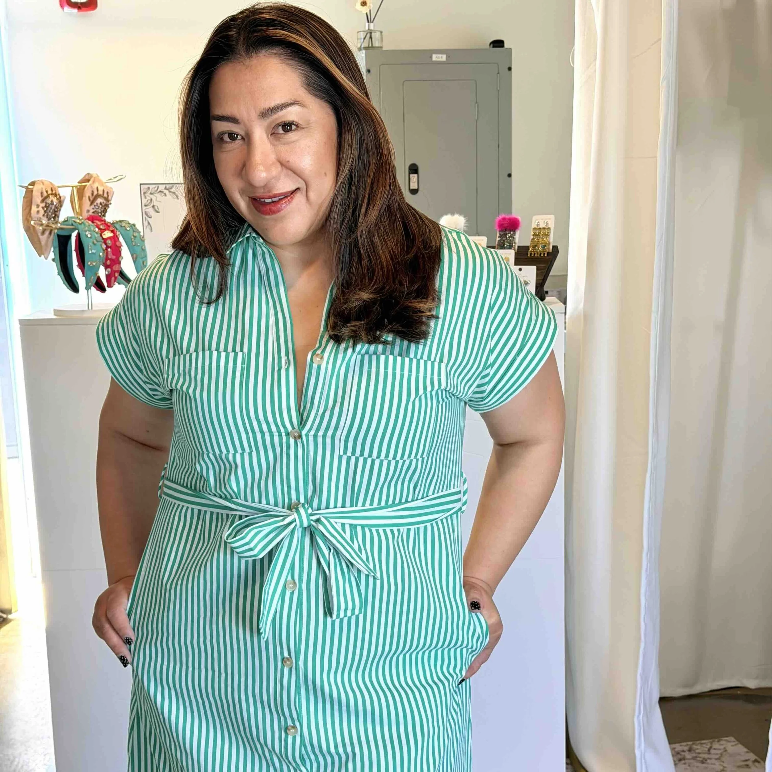 Green Midi Belted Striped Shirt Dress
