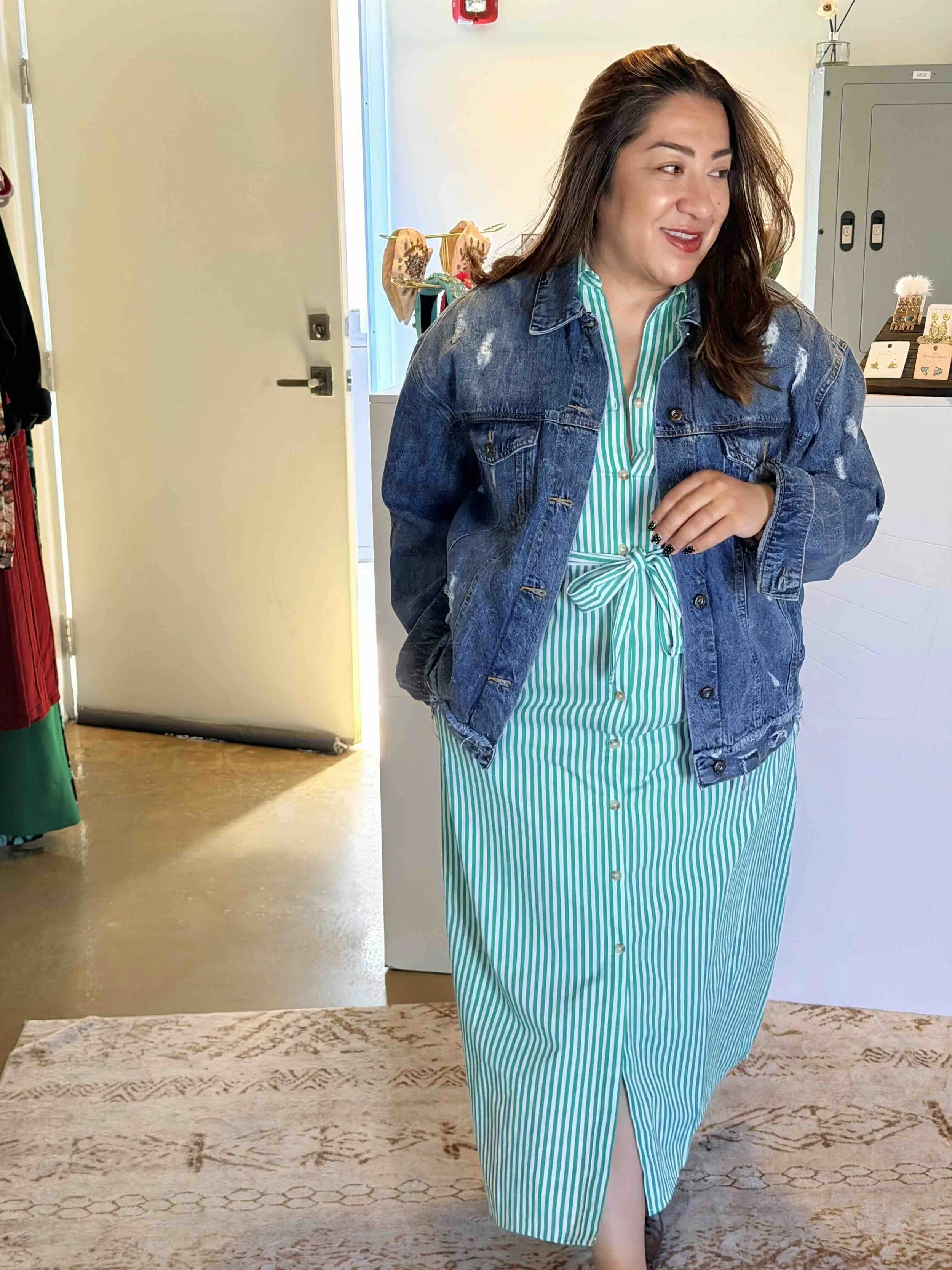 Green Midi Belted Striped Shirt Dress with Denim Jacket